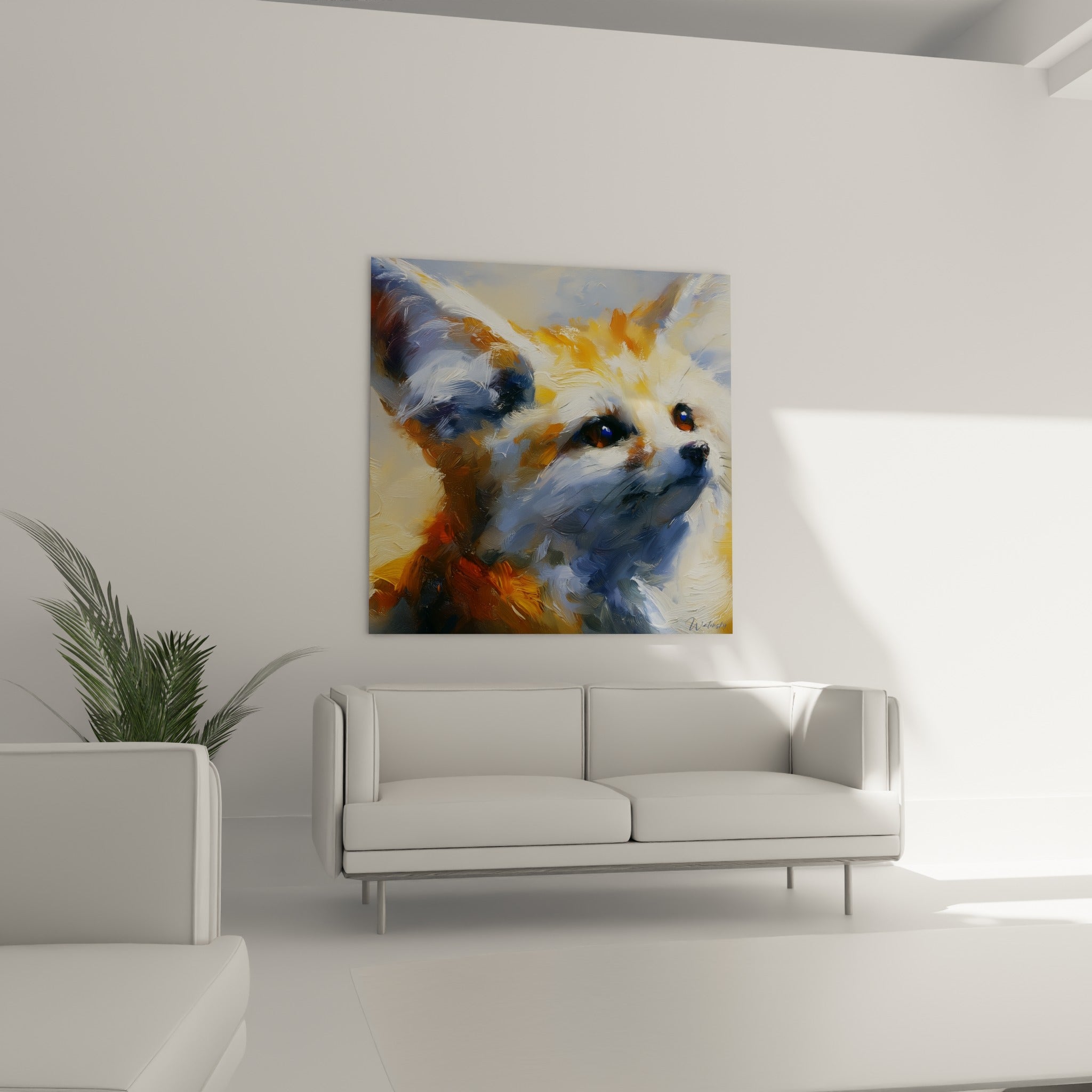 Museau du fennec en touches blanches et dorées, tableau au-dessus d'un canapé dans un salon lumineux