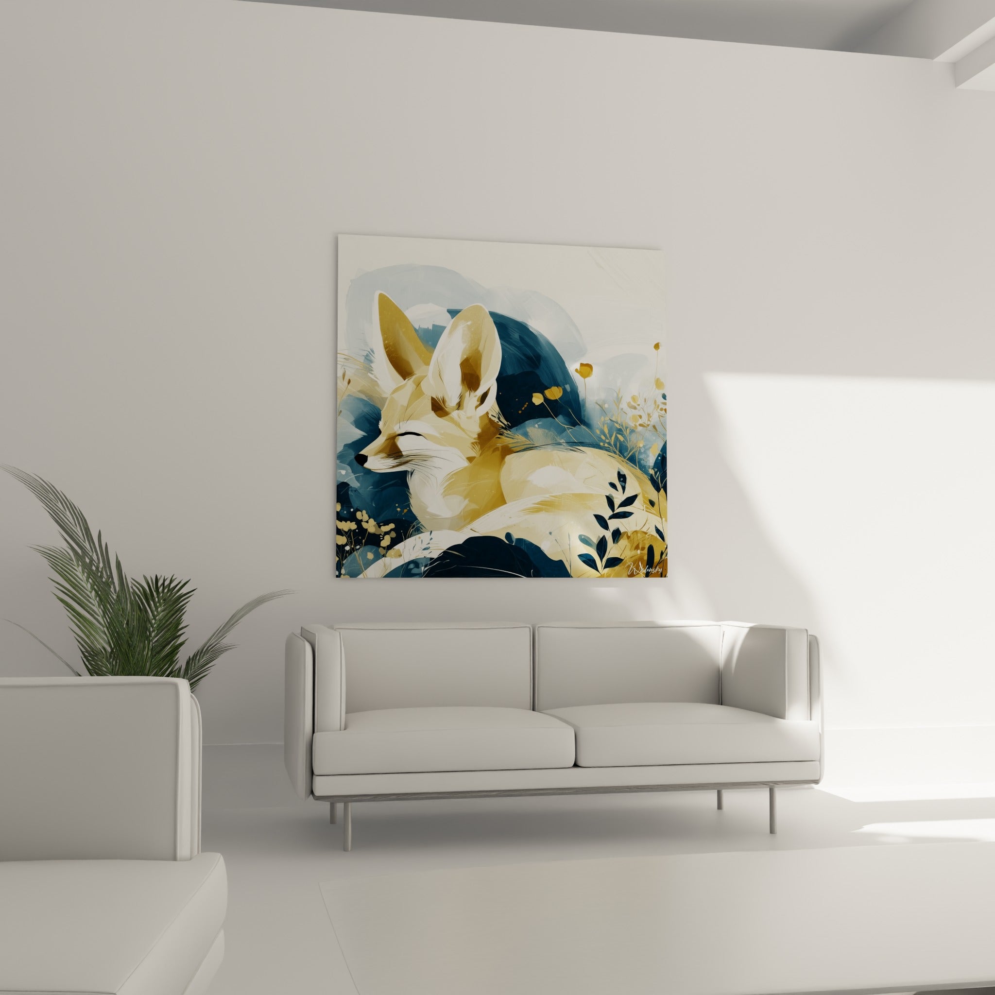 Oreilles dressées et yeux clos du fennec doré et bleu marine, au-dessus d'un canapé dans un salon lumineux