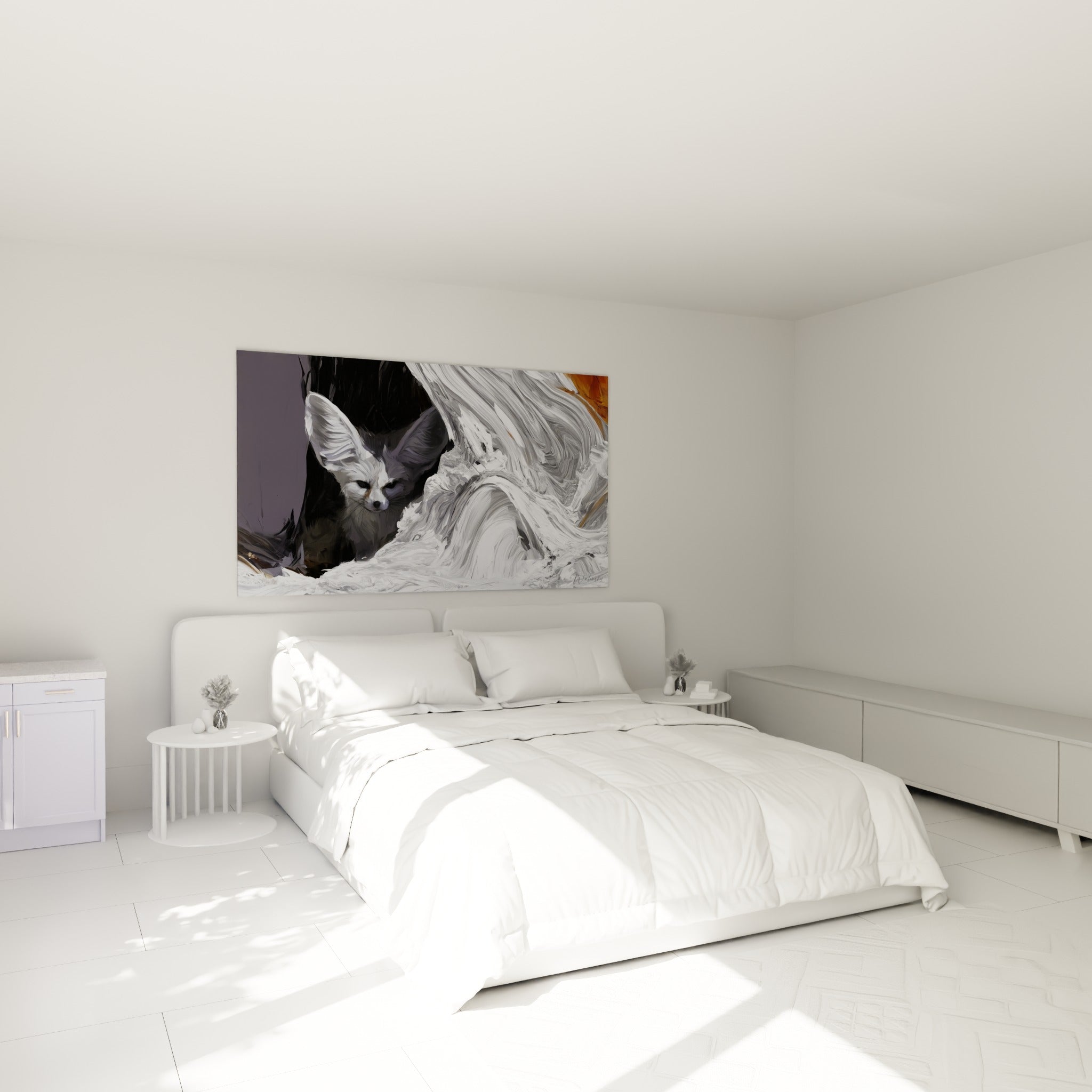 Museau de fennec entouré de blanc épais et de gris anthracite, au-dessus d'un lit dans une chambre claire