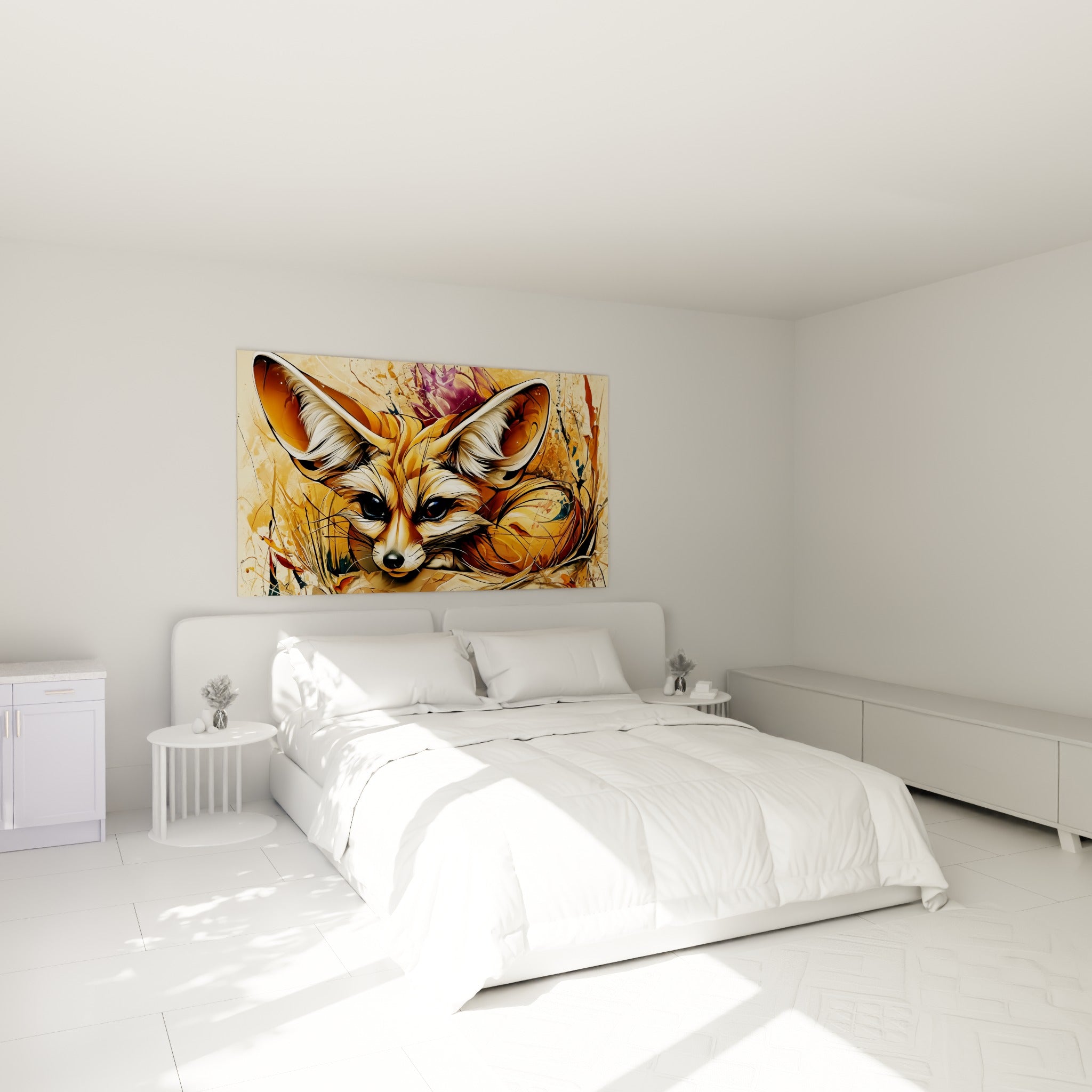 Museau noir du fennec et pelage doré éclaboussé de pourpre, au-dessus d'un lit dans une chambre claire