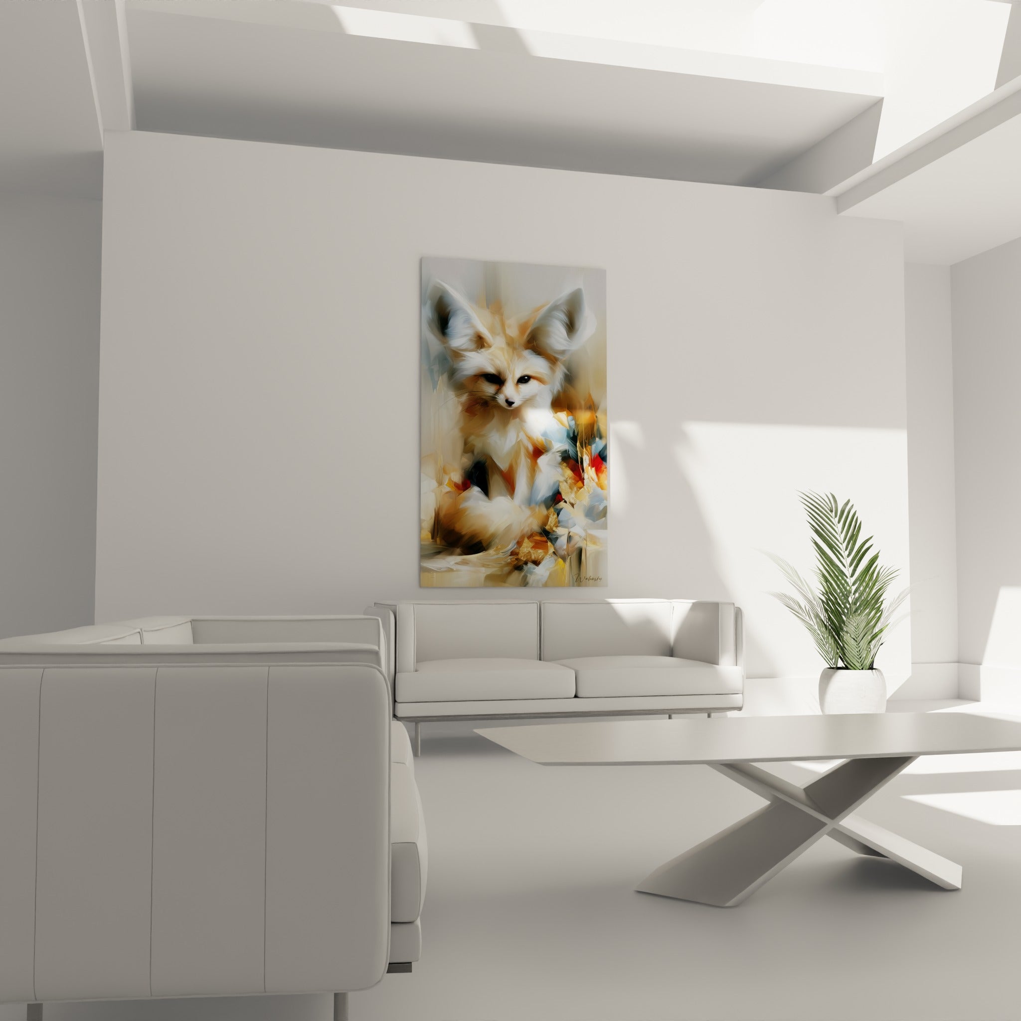 Museau fin d'un fennec blanc et ocre, tableau accroché au-dessus d'un canapé dans un salon lumineux