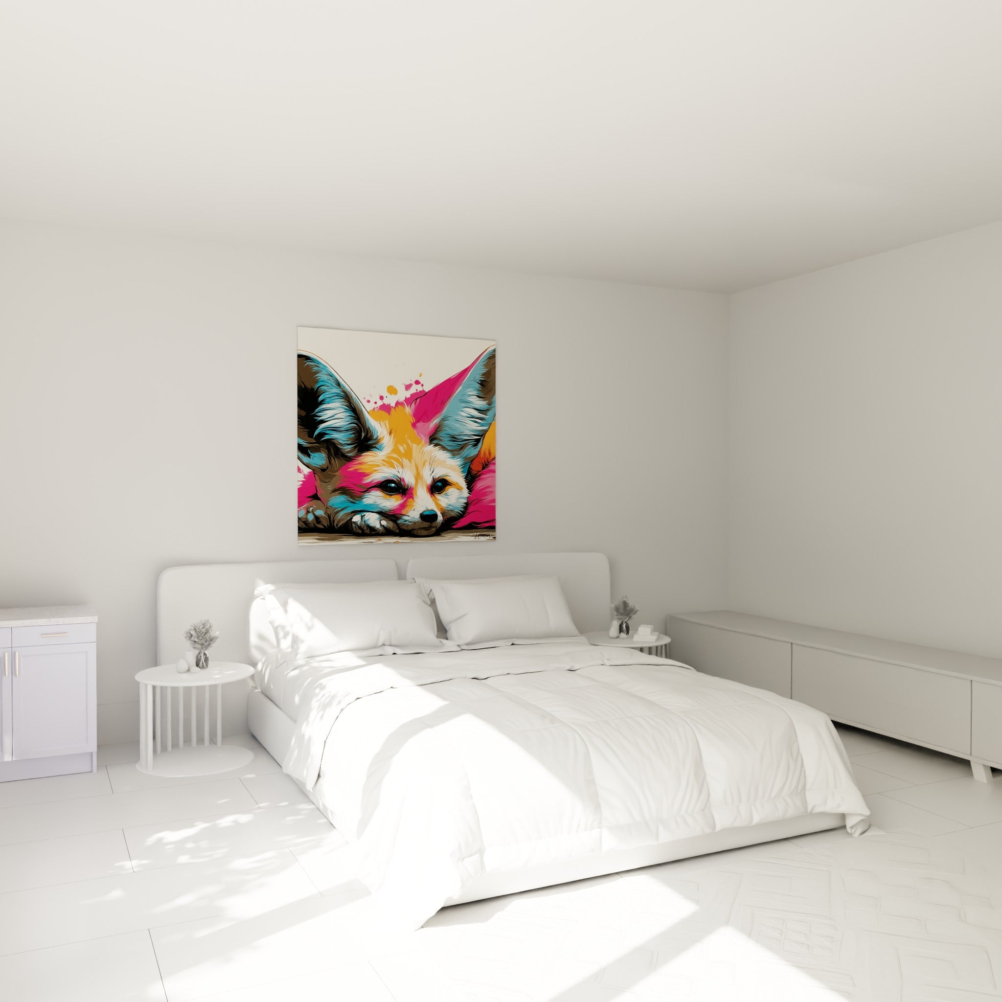 Museau tendre du fennec aux tons roses et orangés, accroché au-dessus d'un lit dans une chambre claire