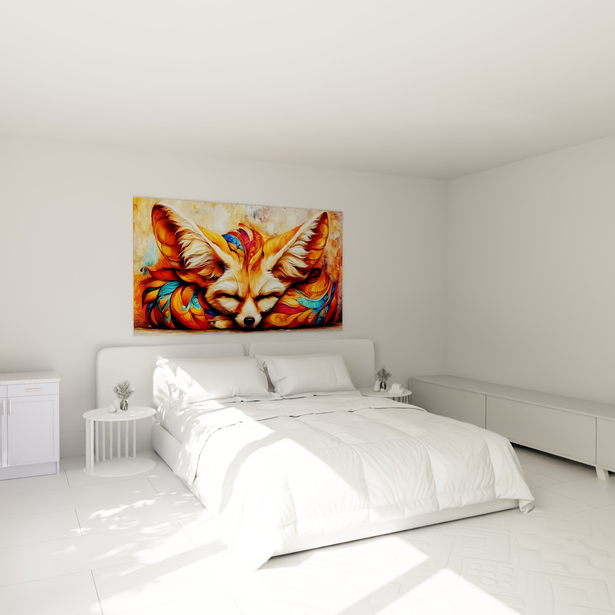 Museau paisible du fennec orange et rouge, au-dessus d'un lit dans une chambre claire