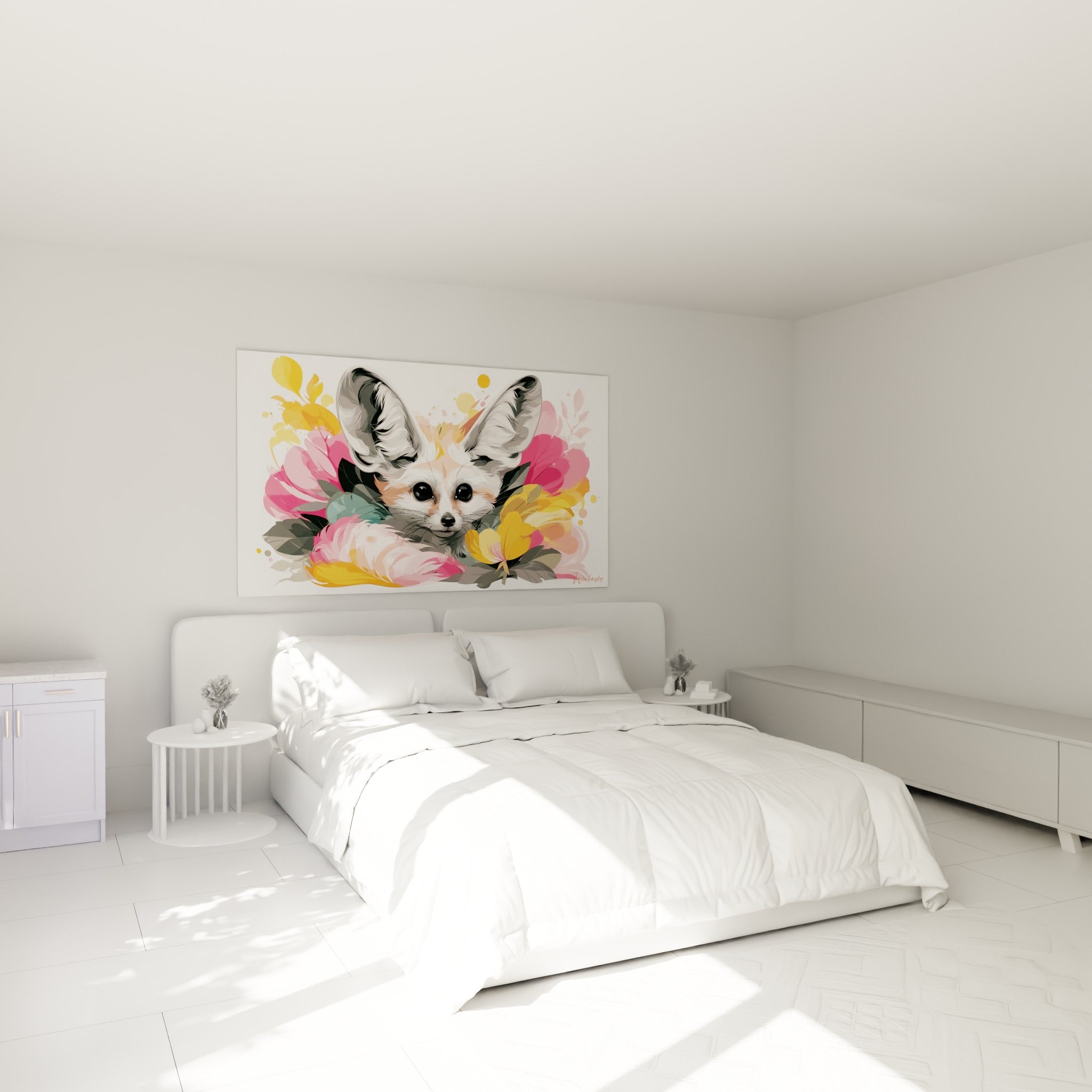 Museau de fennec noir et blanc parmi des pétales roses, au-dessus d'un lit dans une chambre claire