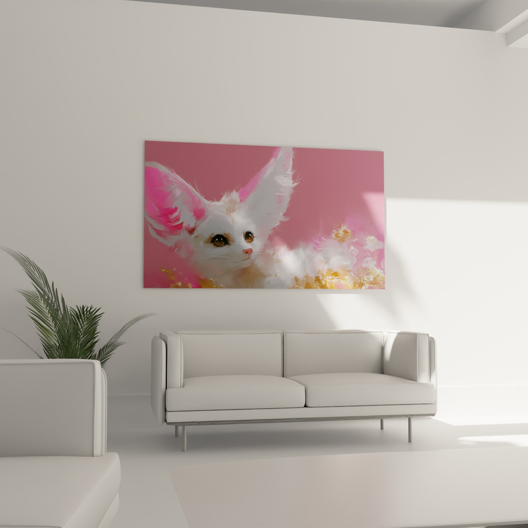 Museau délicat du fennec crème et rosé, expression tendre, au-dessus d'un canapé dans un salon lumineux