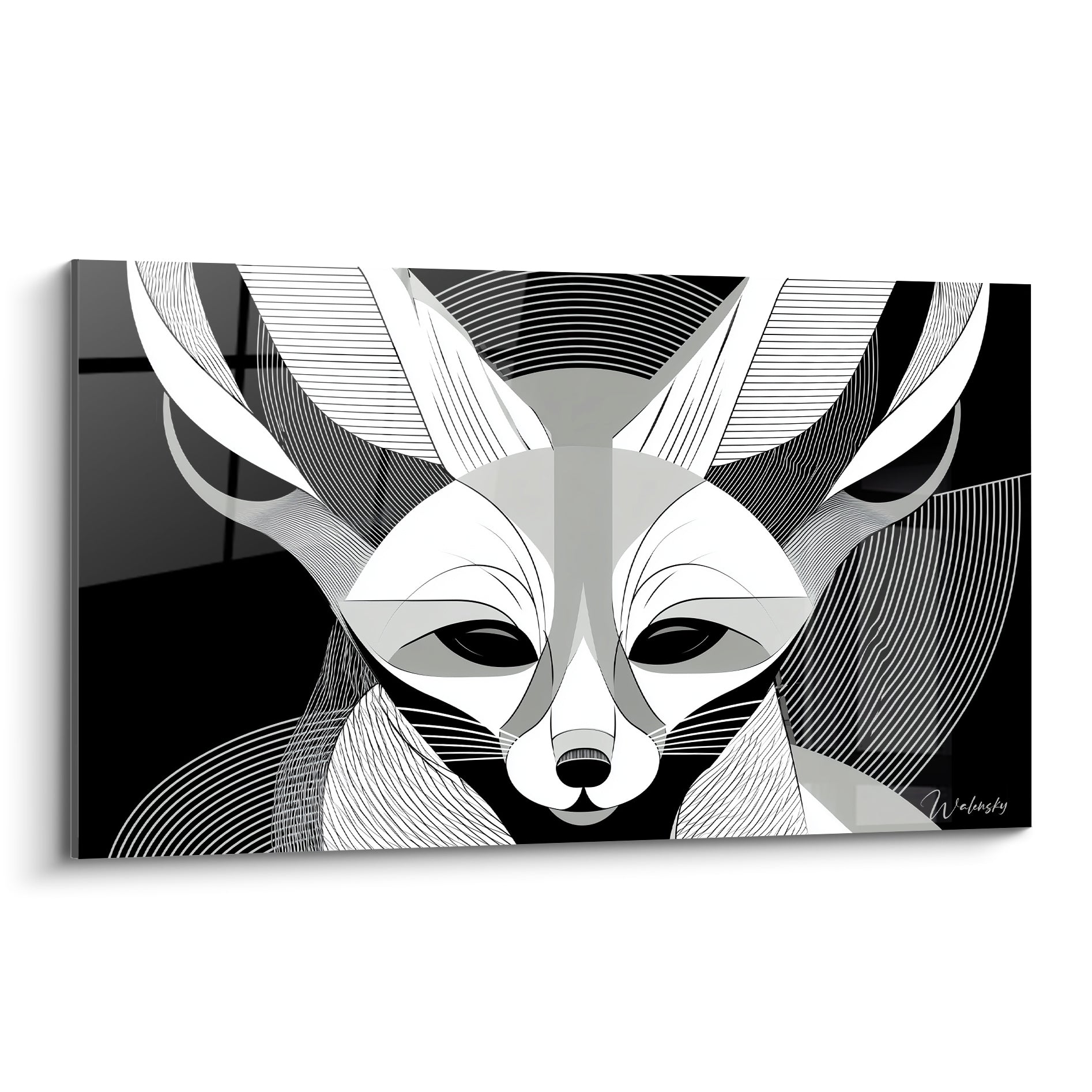 Fennec noir et blanc aux oreilles graphiques, regard sombre perçant, style vectoriel épuré