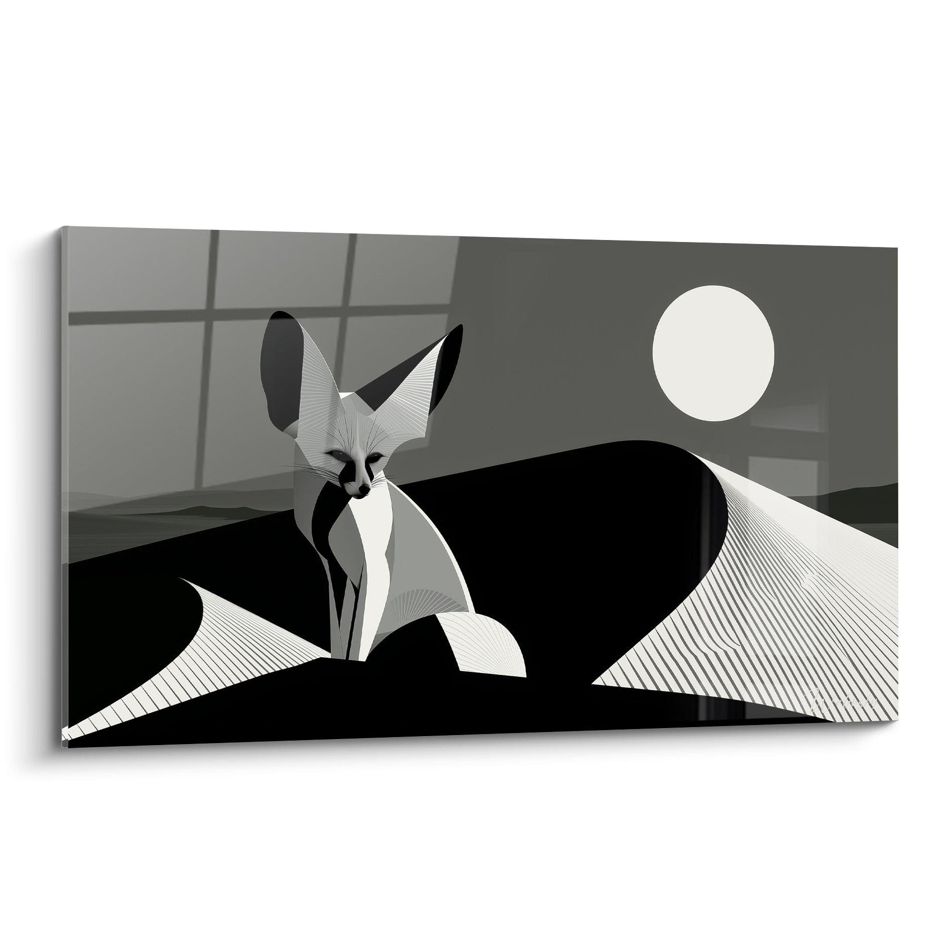 Fennec noir et blanc dressé sur une dune sous une pleine lune blanche éclatante