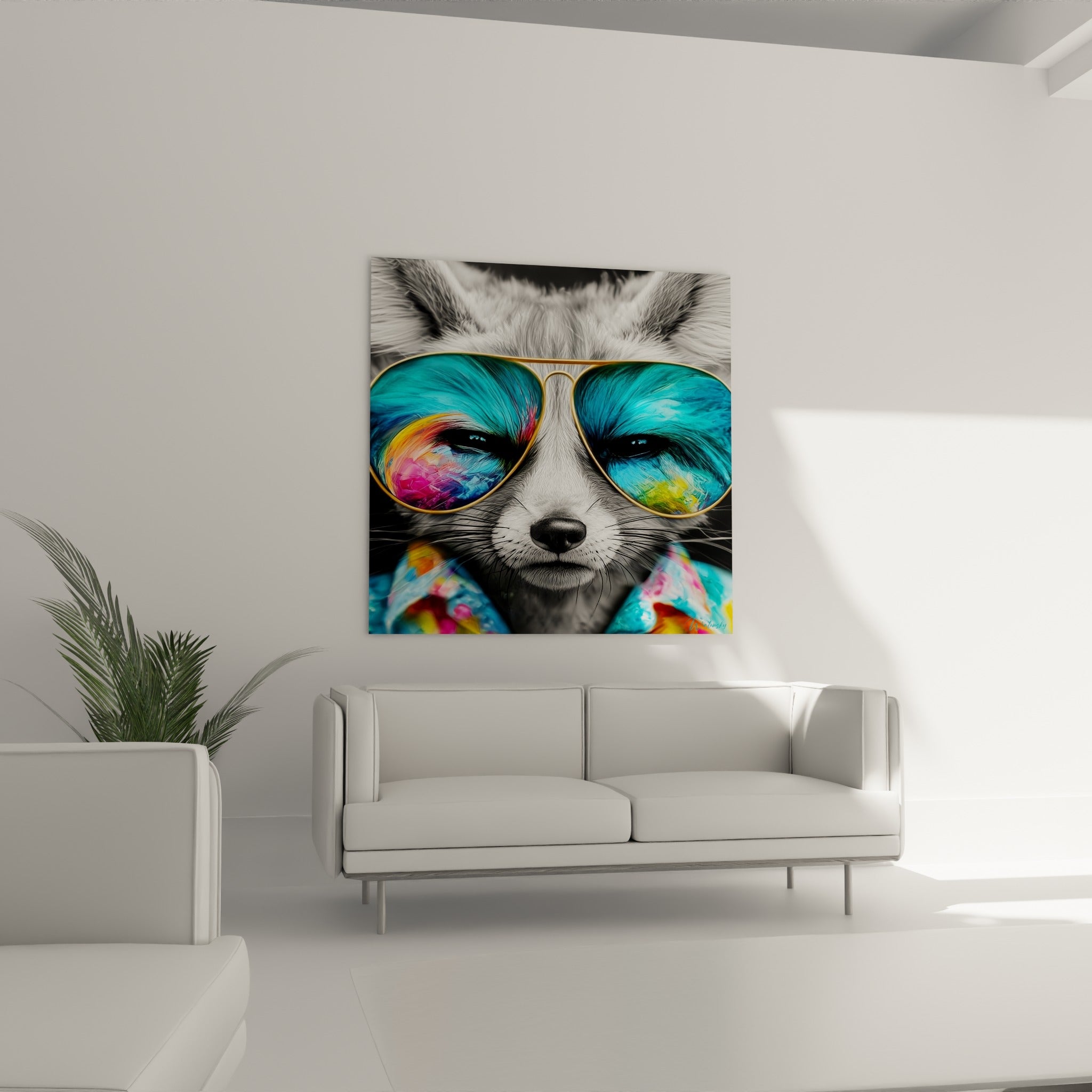 Fennec en noir et blanc avec verres bleu turquoise et jaune, placé au-dessus d'un canapé dans un salon lumineux