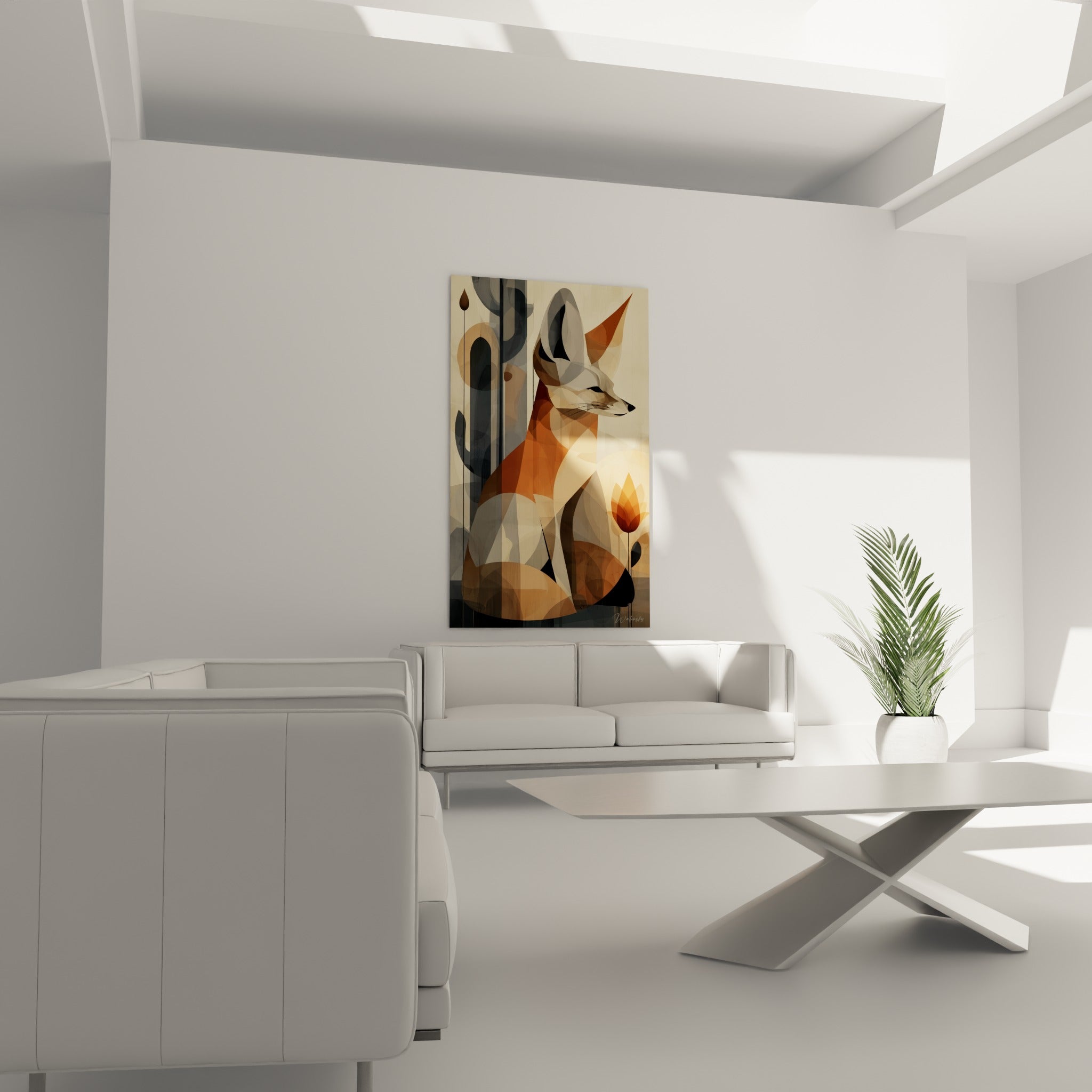 Silhouette de fennec stylisée en tons ocre et beige, au-dessus d'un canapé dans un salon lumineux