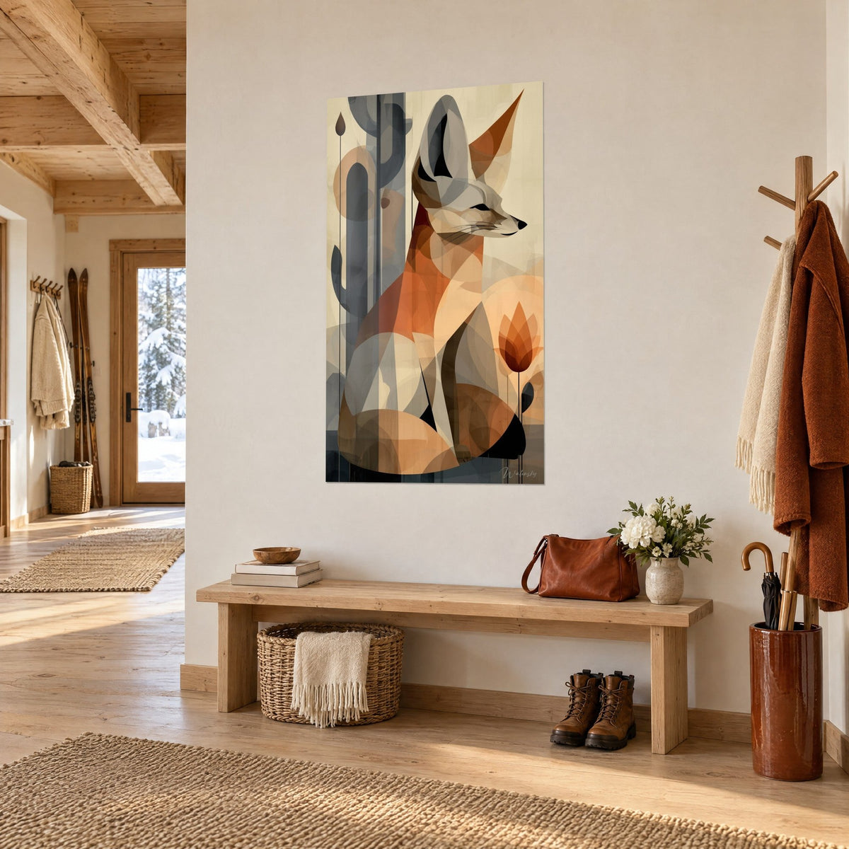 Gemälde Wüstenfuchs im Profil sitzend, geometrische Formen in gebranntem Orange und Elfenbein, stilisierte Blume, Chaleteingang aus hellem Holz