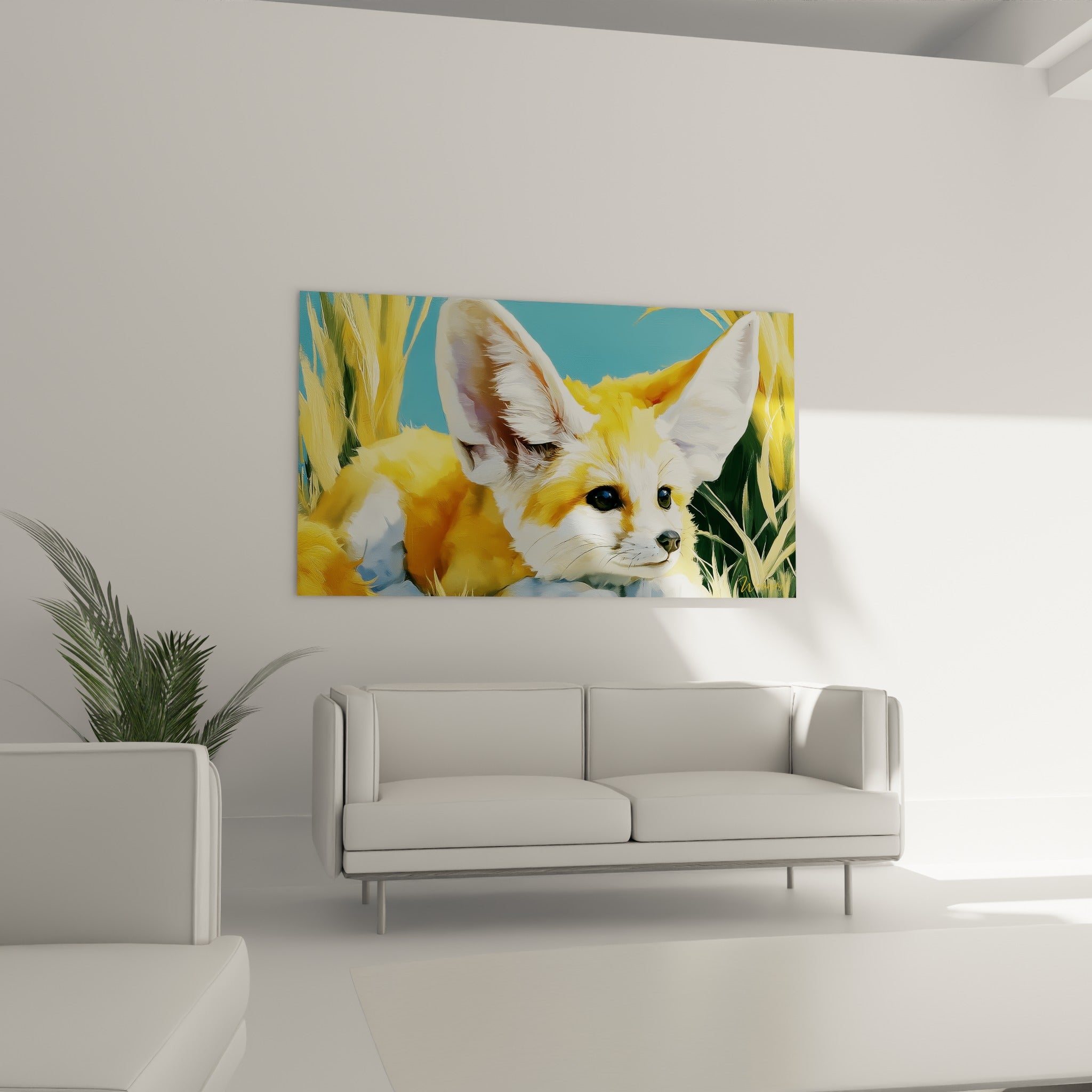 Museau du fennec teinté de crème et d'ocre, regard vif sur fond bleu ciel, au-dessus d'un canapé dans un salon lumineux