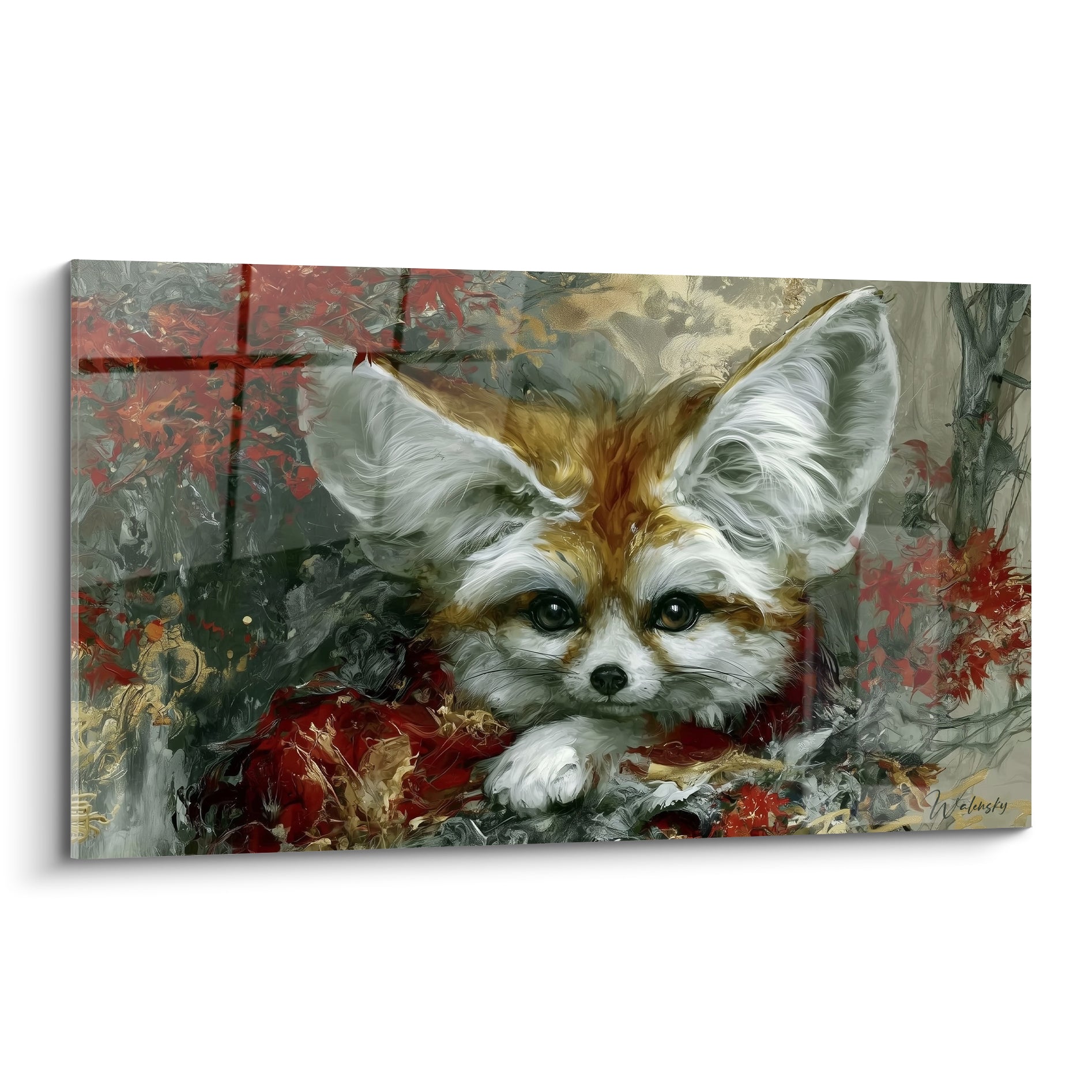 Fennec ocre et blanc au regard vif, oreilles dressées, fond anthracite et rouge terracotta