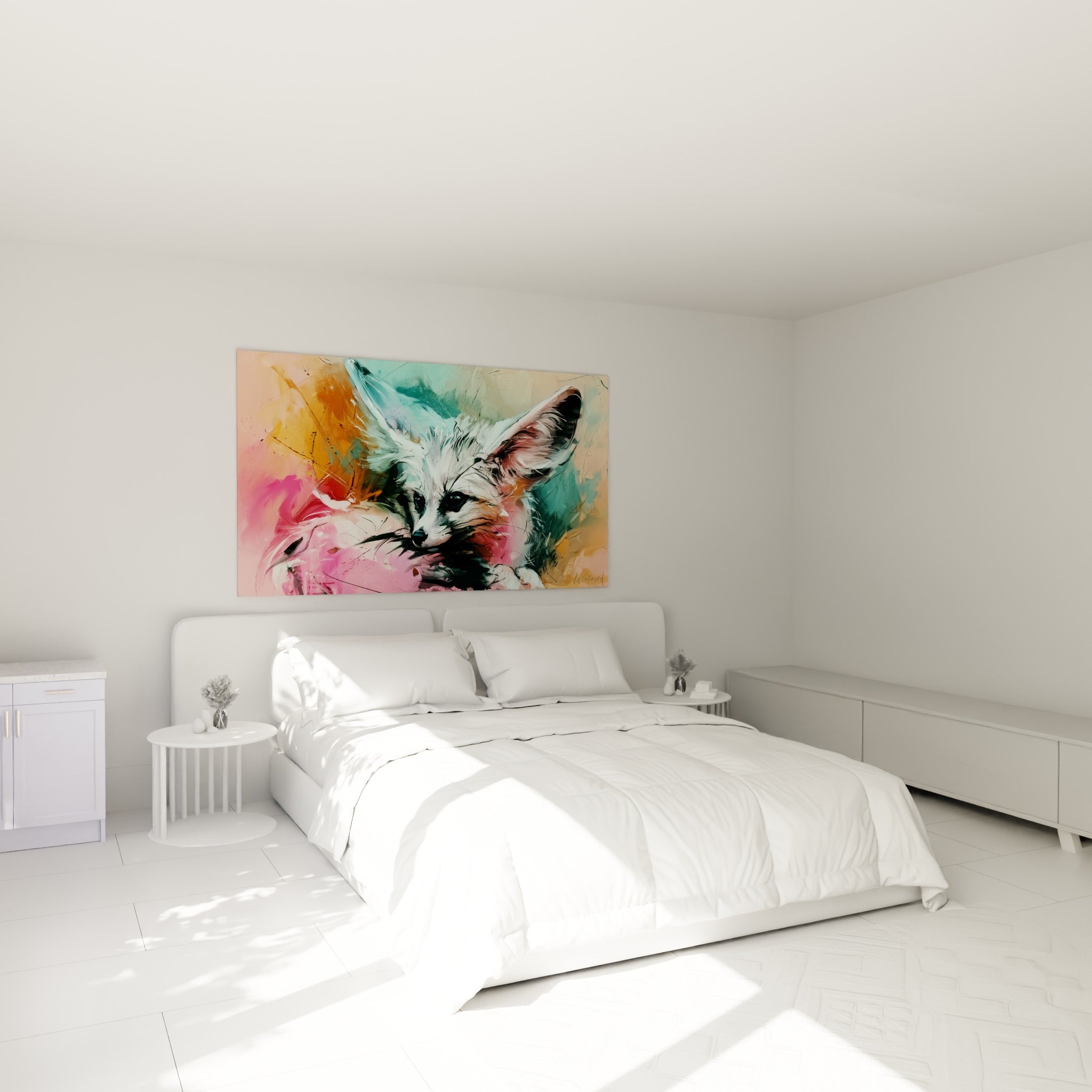 Jeune fennec curieux aux tons rose et ocre, accroché au-dessus d'un lit dans une chambre claire