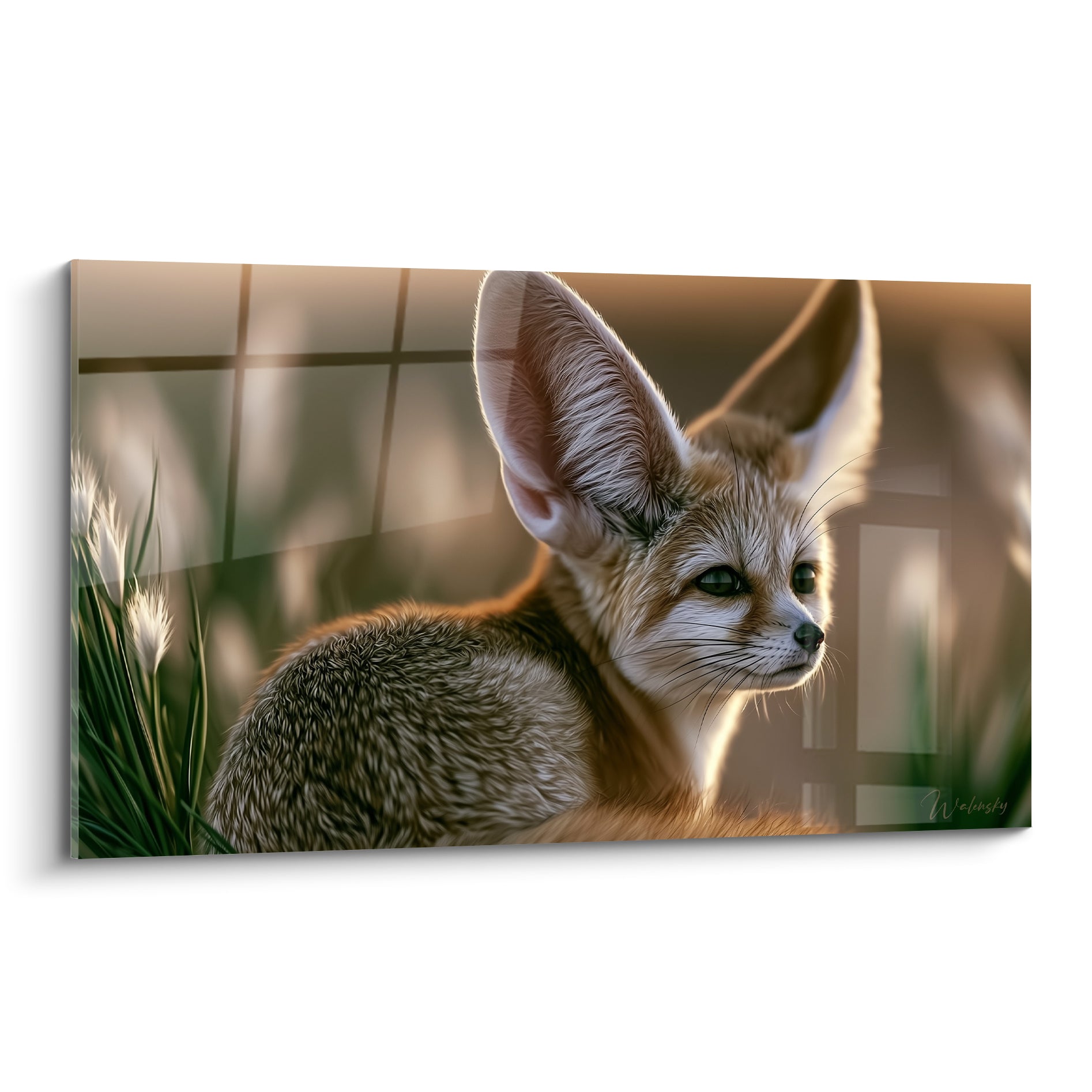 Fennec ocre et beige de profil, grandes oreilles dressées dans une lumière dorée du soir