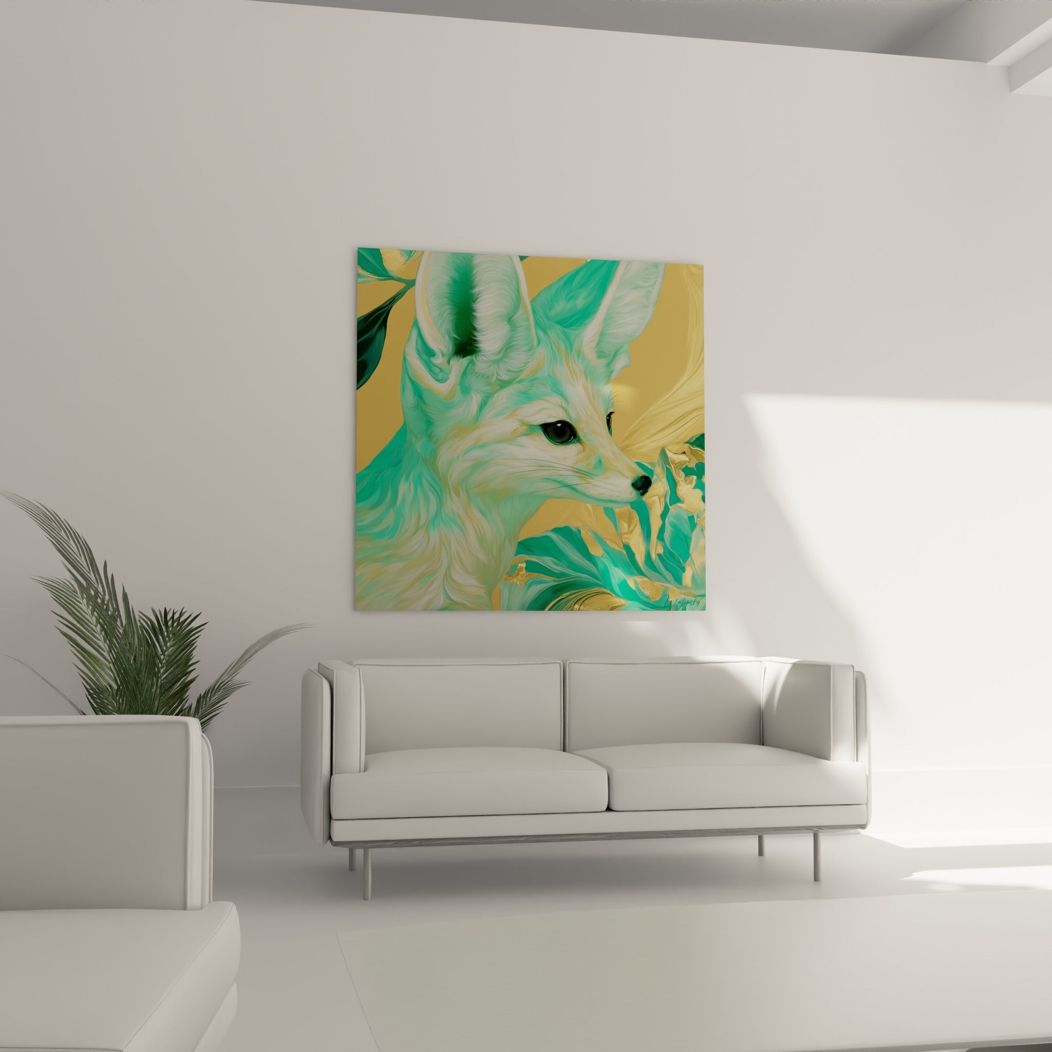 Portrait du fennec aux tons vert d'eau et ocre, au-dessus d'un canapé dans un salon lumineux