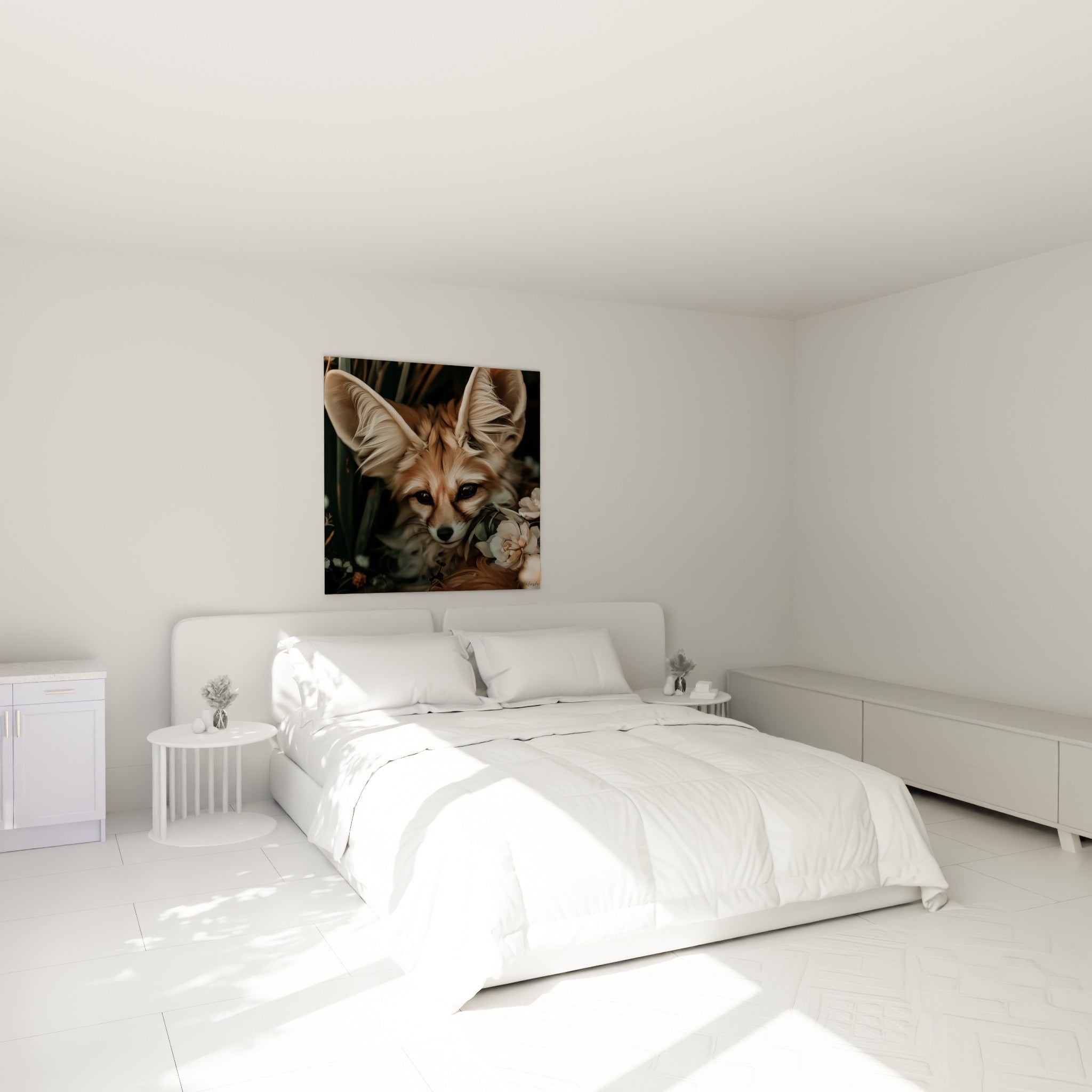 Museau de fennec ocre et blanc, regard vigilant, accroché au-dessus d'un lit dans une chambre claire