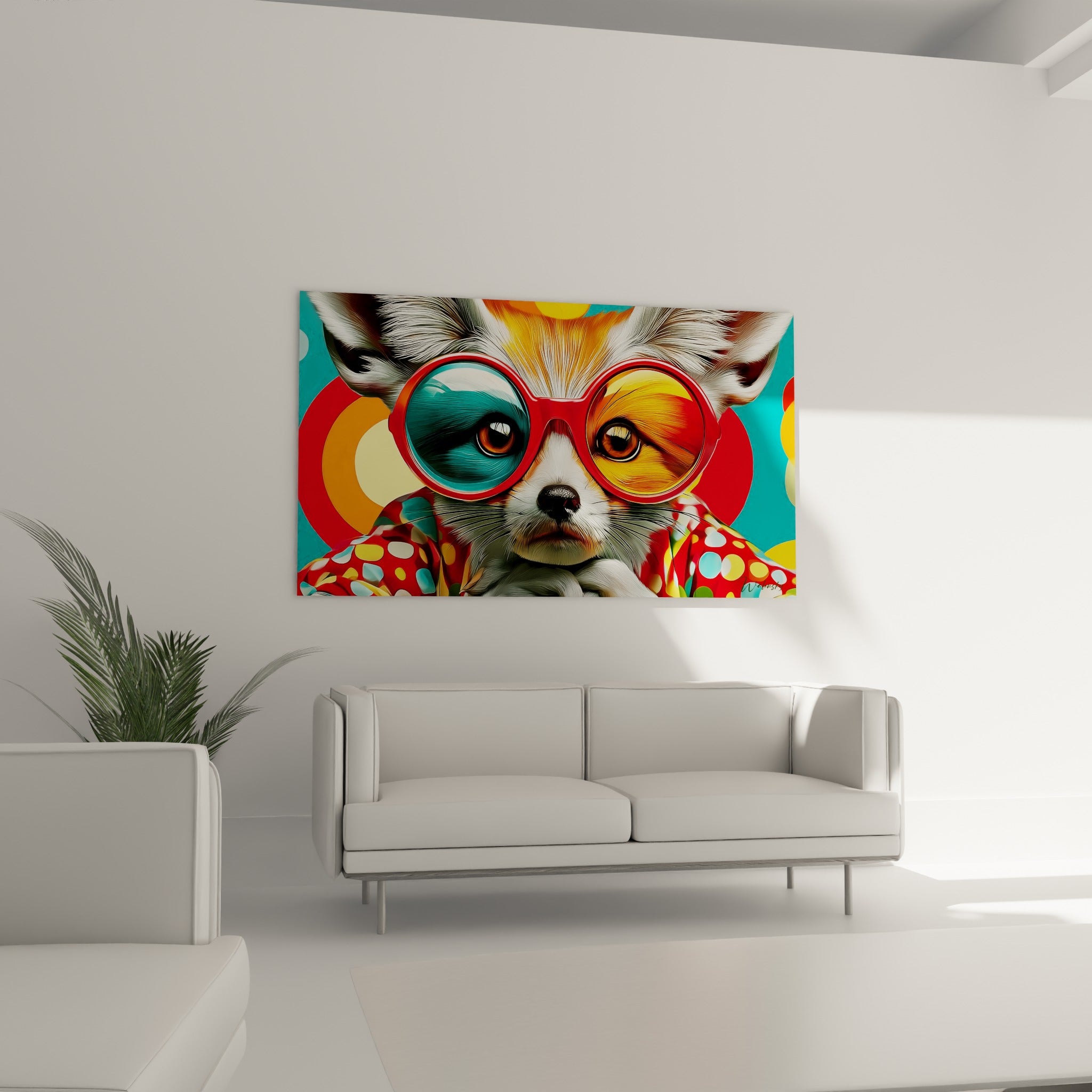 Fennec facétieux aux verres turquoise et corail, accroché au-dessus d'un canapé dans un salon lumineux
