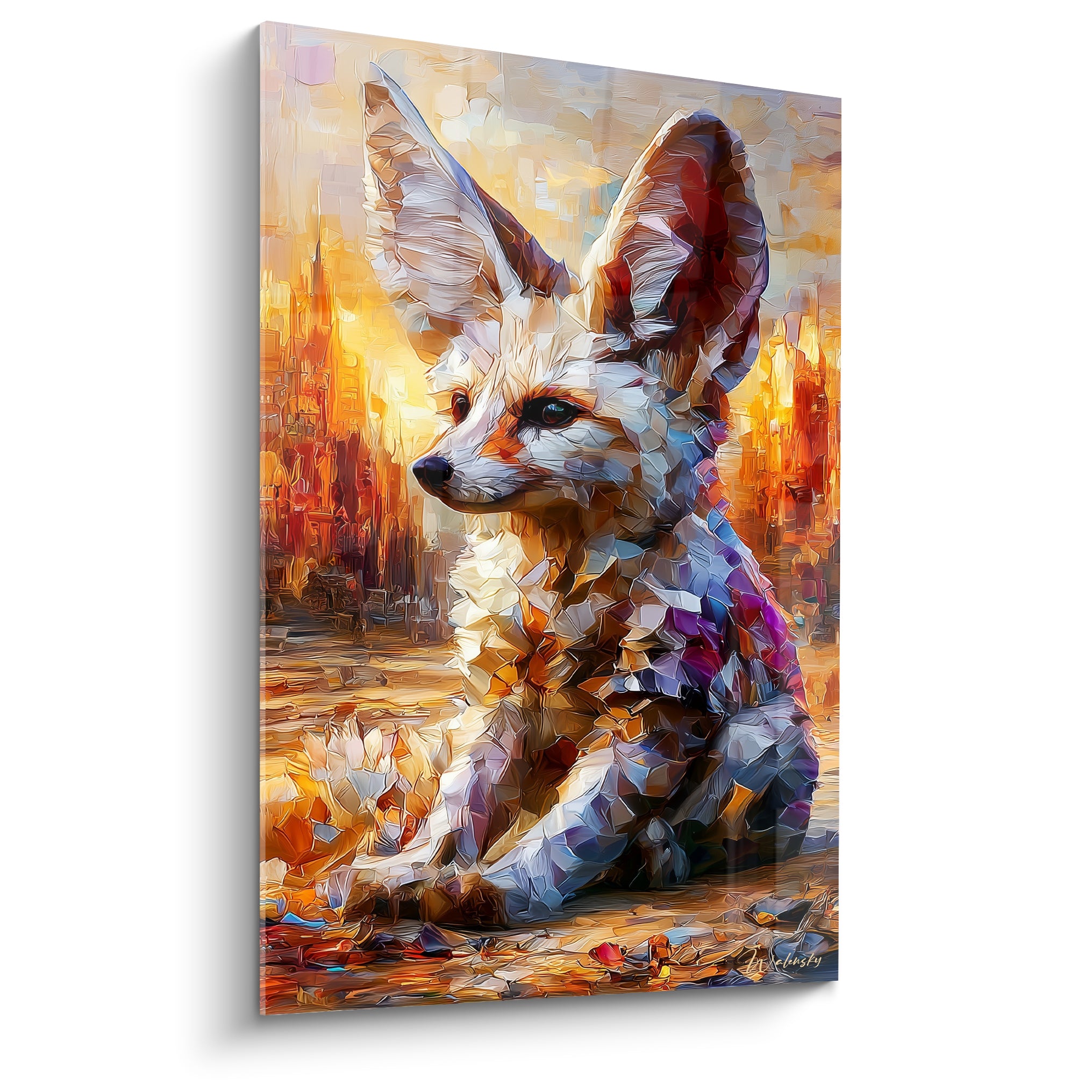 Fennec assis aux oreilles dressées, pelage ocre et violet, fond de cité dorée