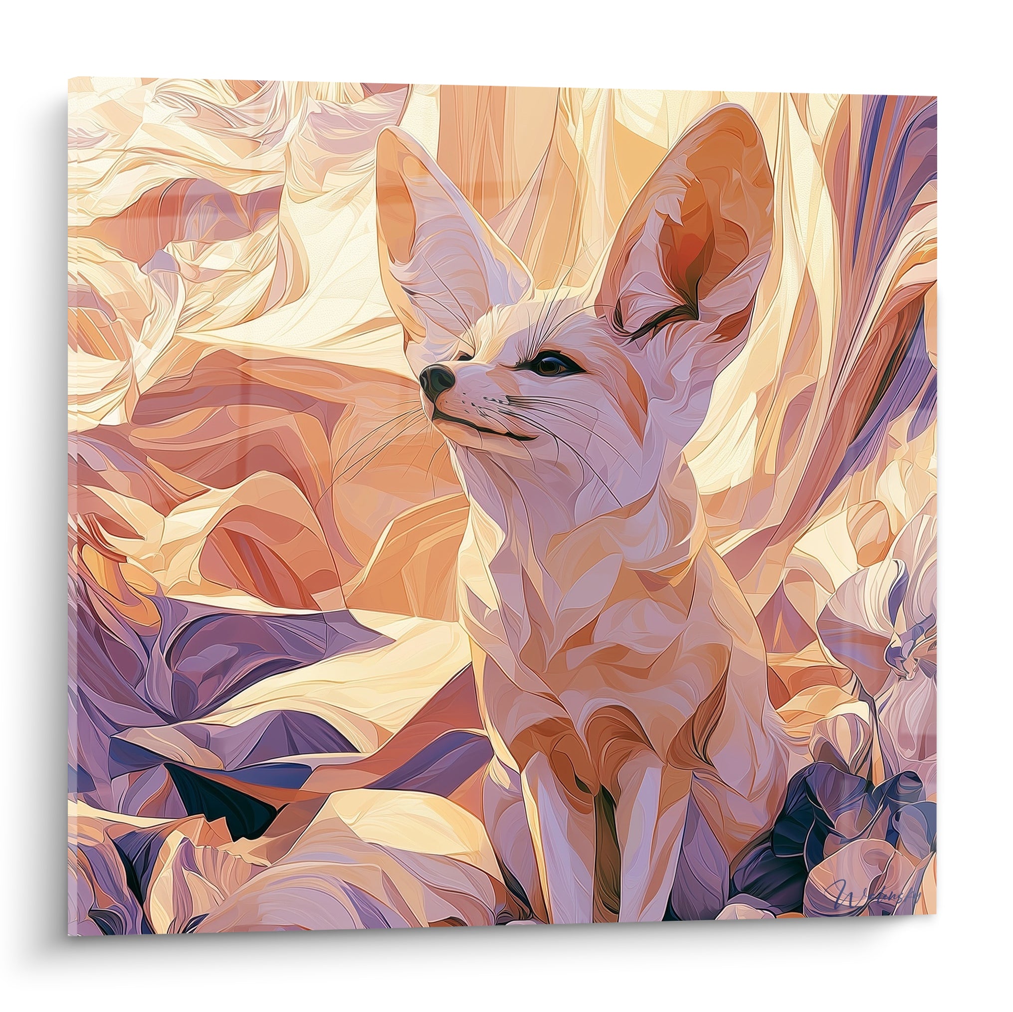 Fennec au pelage crème et ocre, oreilles dressées, entouré de drapés violets et dorés stylisés