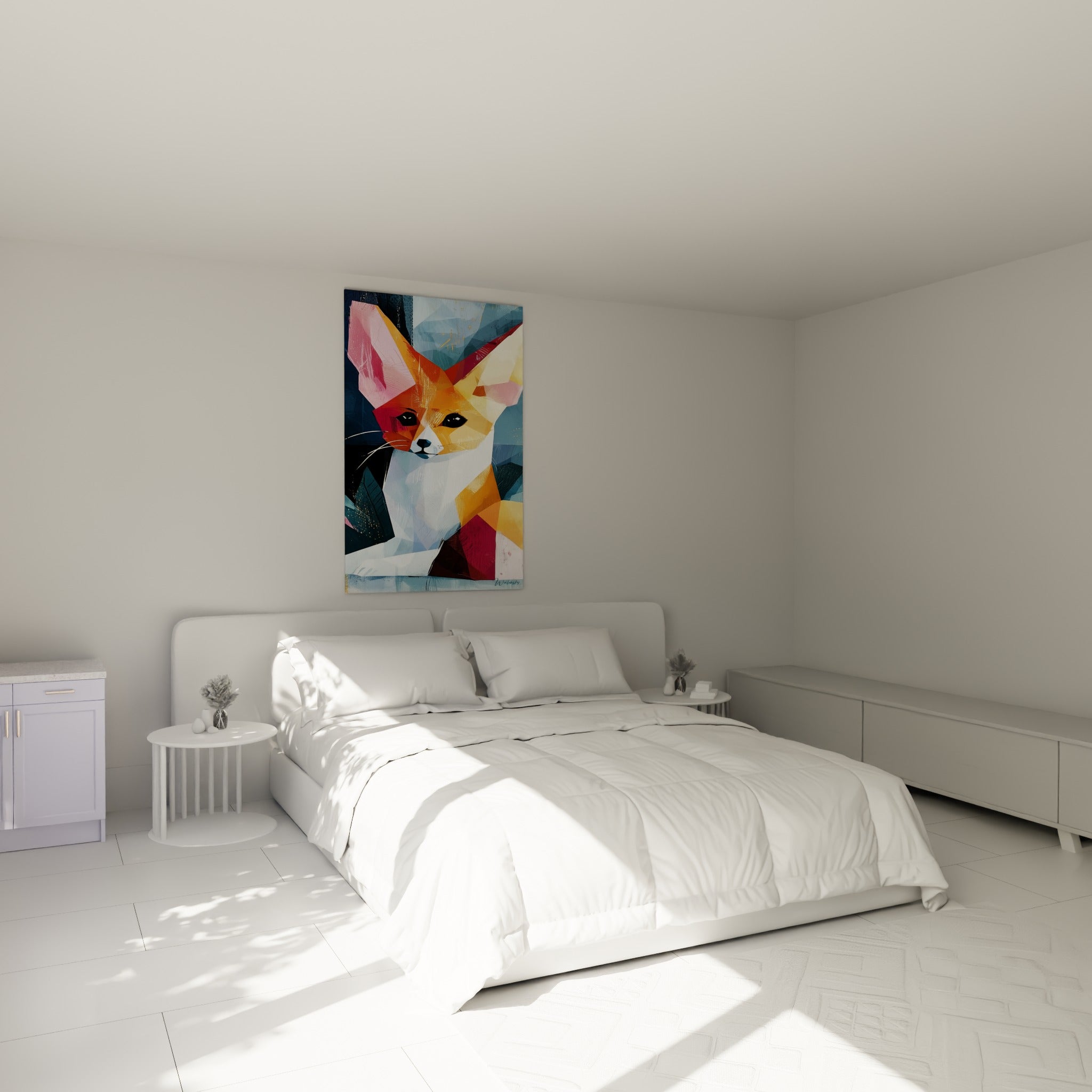 Fennec orange doré aux facettes graphiques accroché au-dessus d'un lit dans une chambre claire