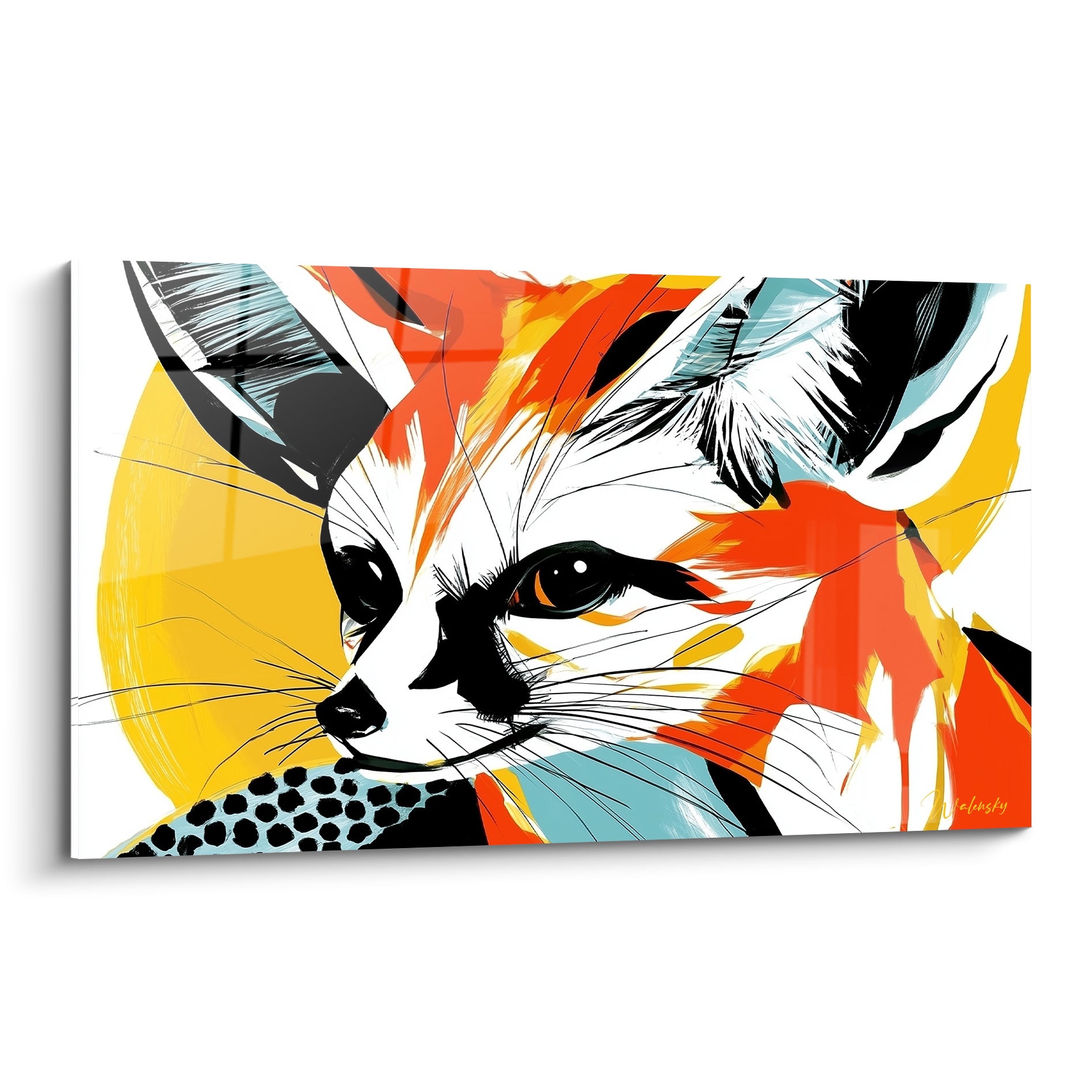 Fennec au regard perçant, museau noir, taches orange et jaune, style graphique éclaté