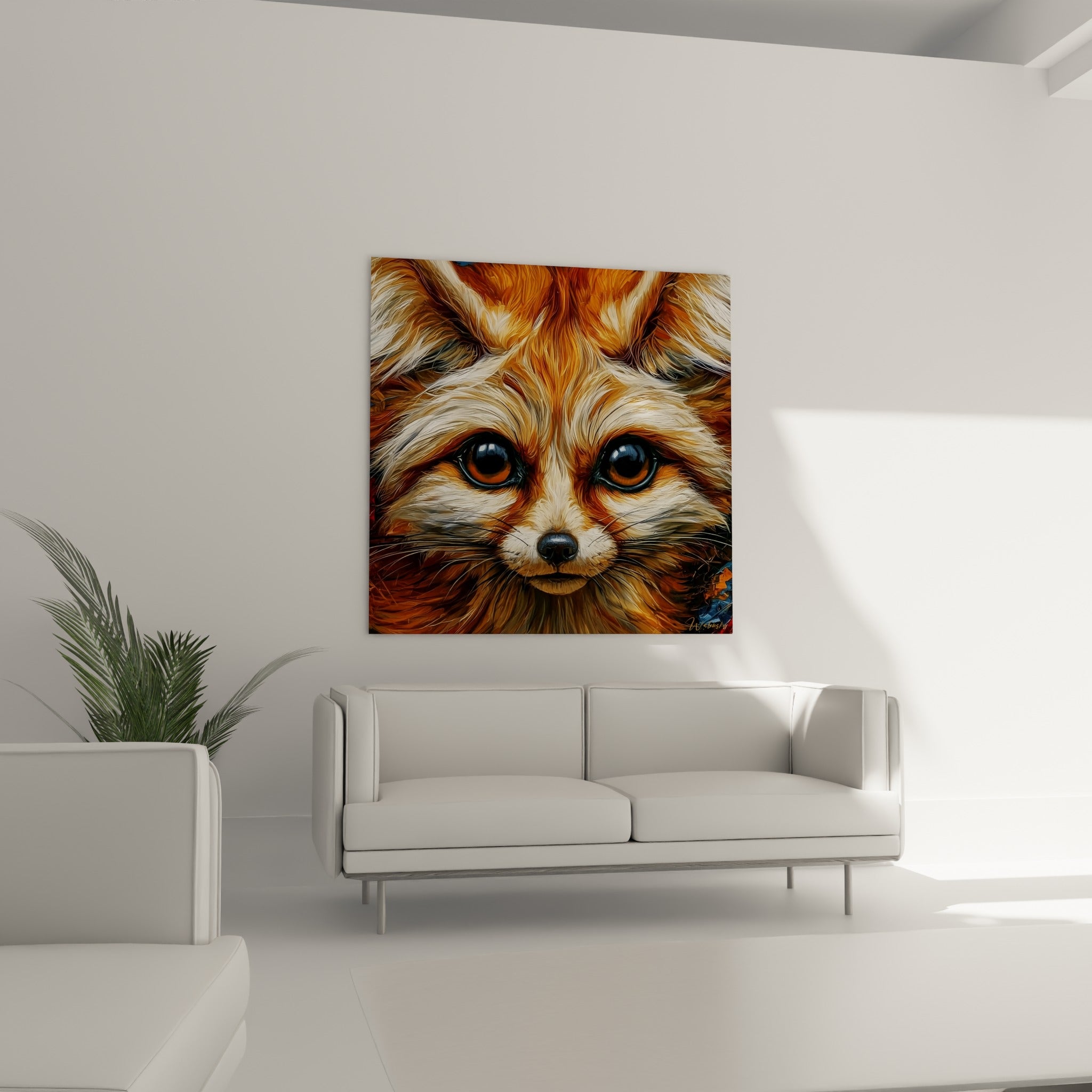Yeux noirs perçants du fennec fauve, pelage orangé texturé, au-dessus d'un canapé dans un salon lumineux