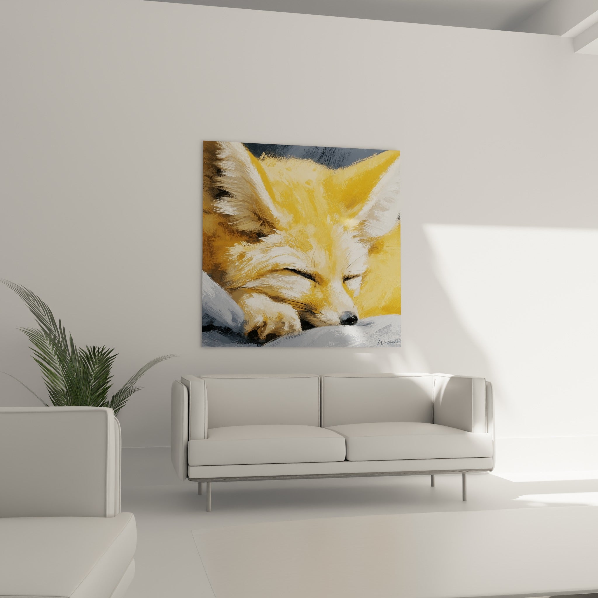 Oreilles blanches immenses du fennec doré, posture recroquevillée, au-dessus d'un canapé dans un salon lumineux