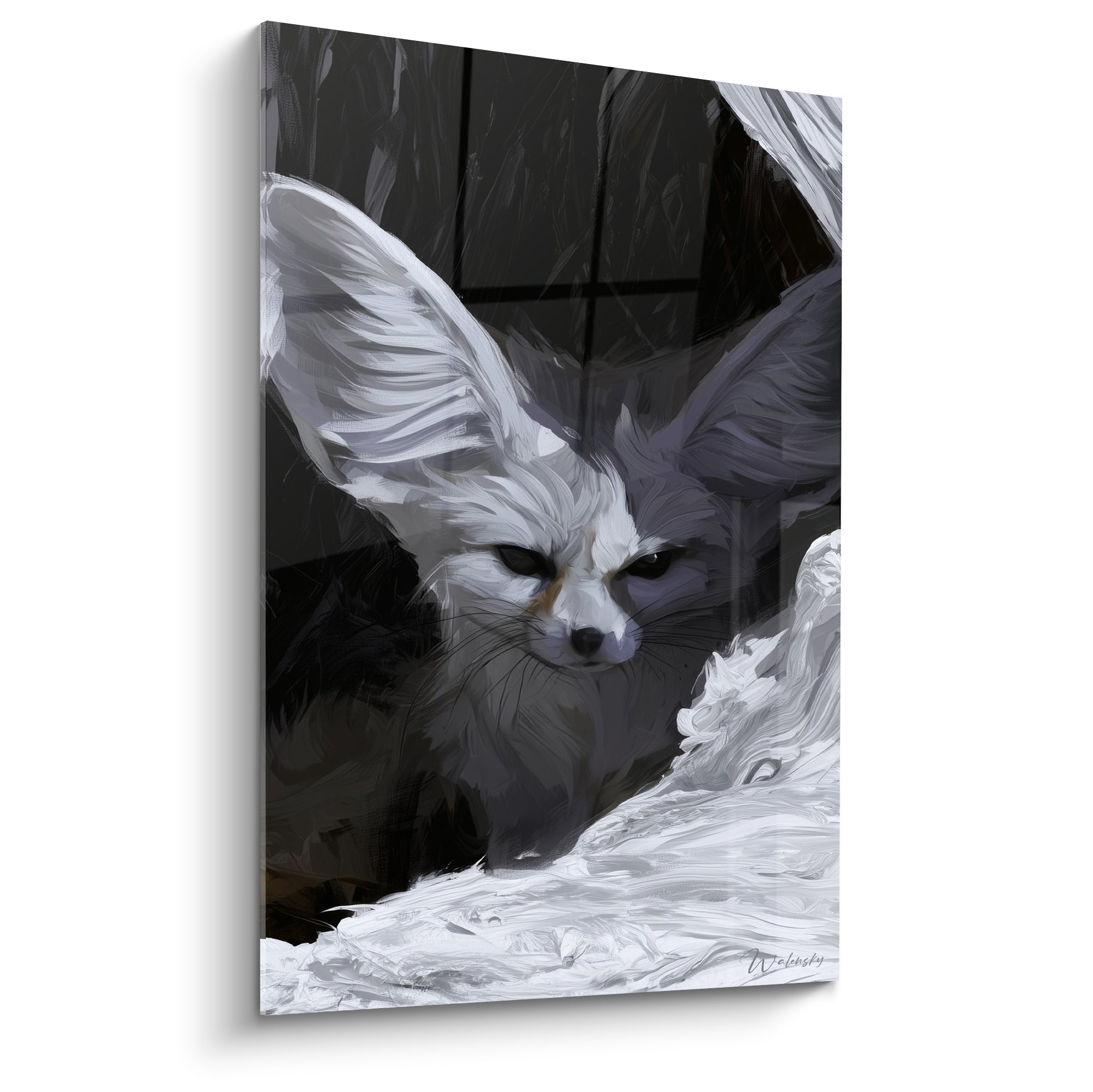 Fennec au regard sombre, oreilles blanches dressées sur fond noir anthracite intense