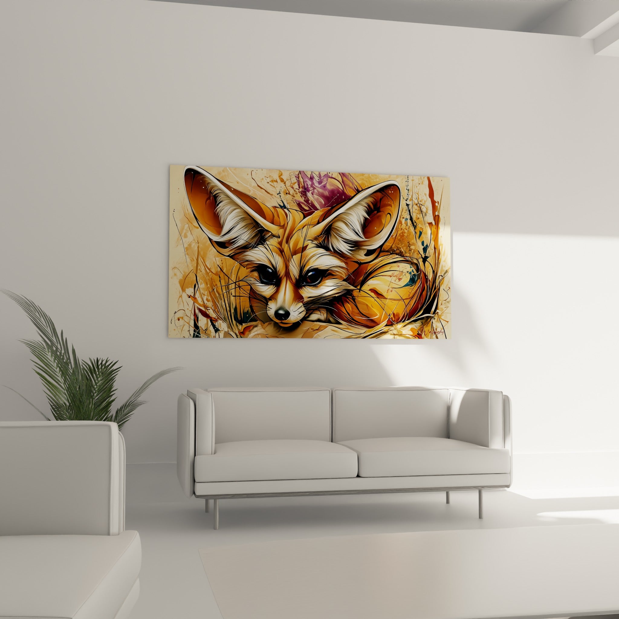 Oreilles blanches et ocre du fennec, regard perçant, au-dessus d'un canapé dans un salon lumineux