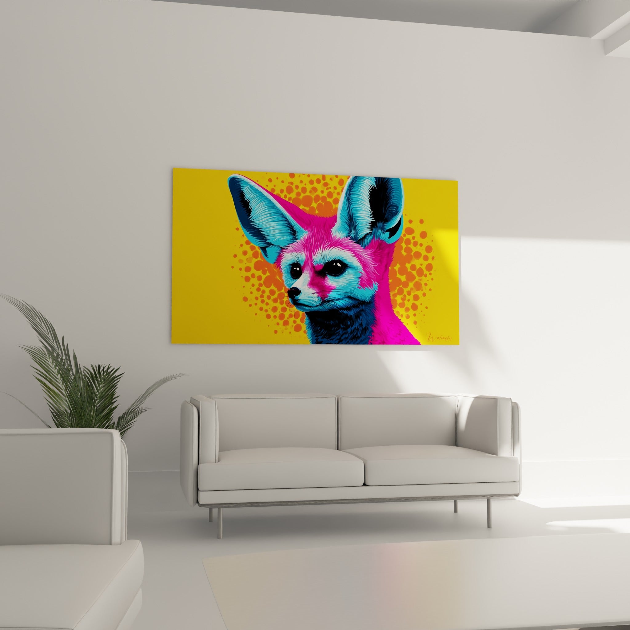 Oreilles bleu pastel du fennec dressées sur fond jaune vif, au-dessus d'un canapé dans un salon lumineux