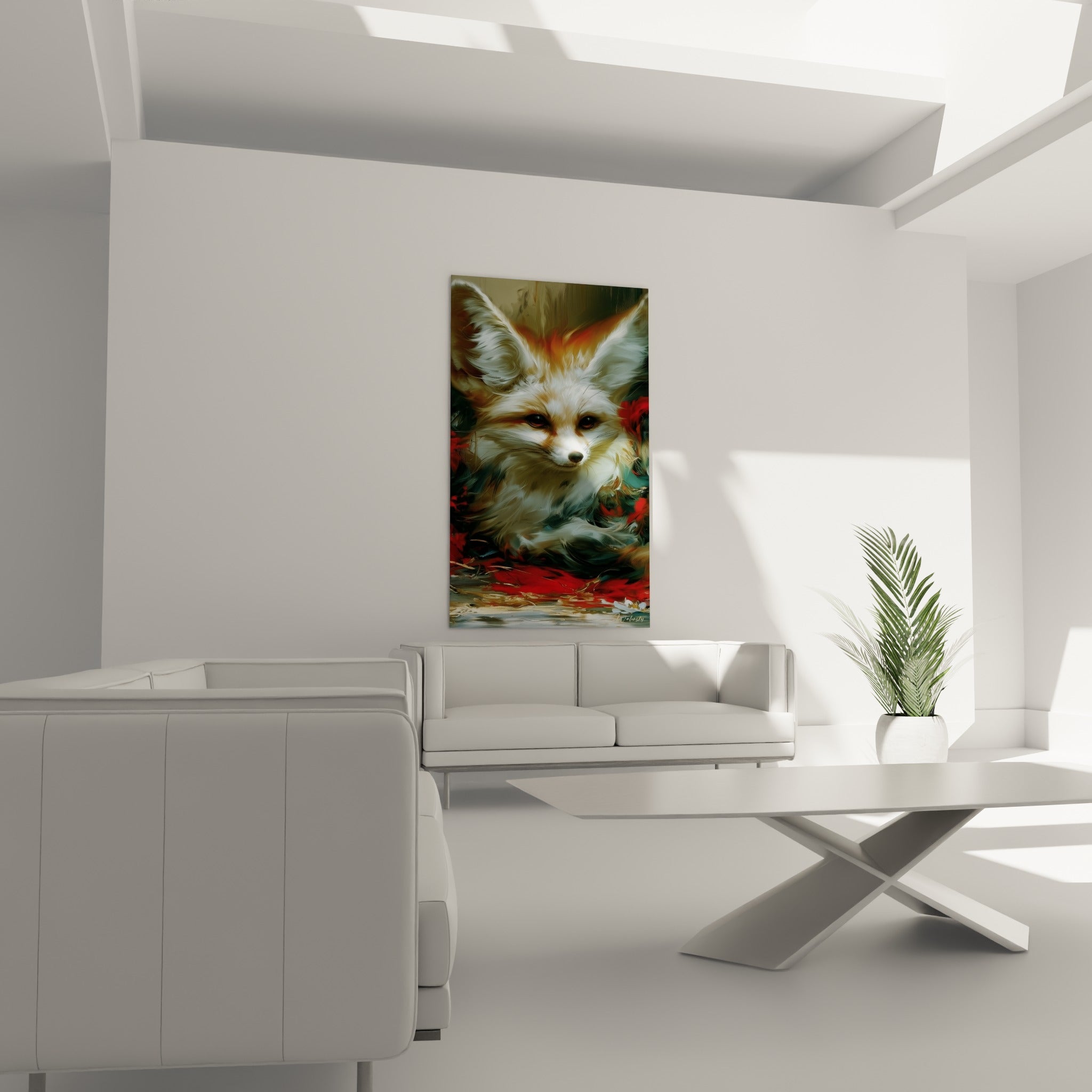 Oreilles démesurées du Fennec crème et doré peintes en larges touches, au-dessus d'un canapé dans un salon lumineux