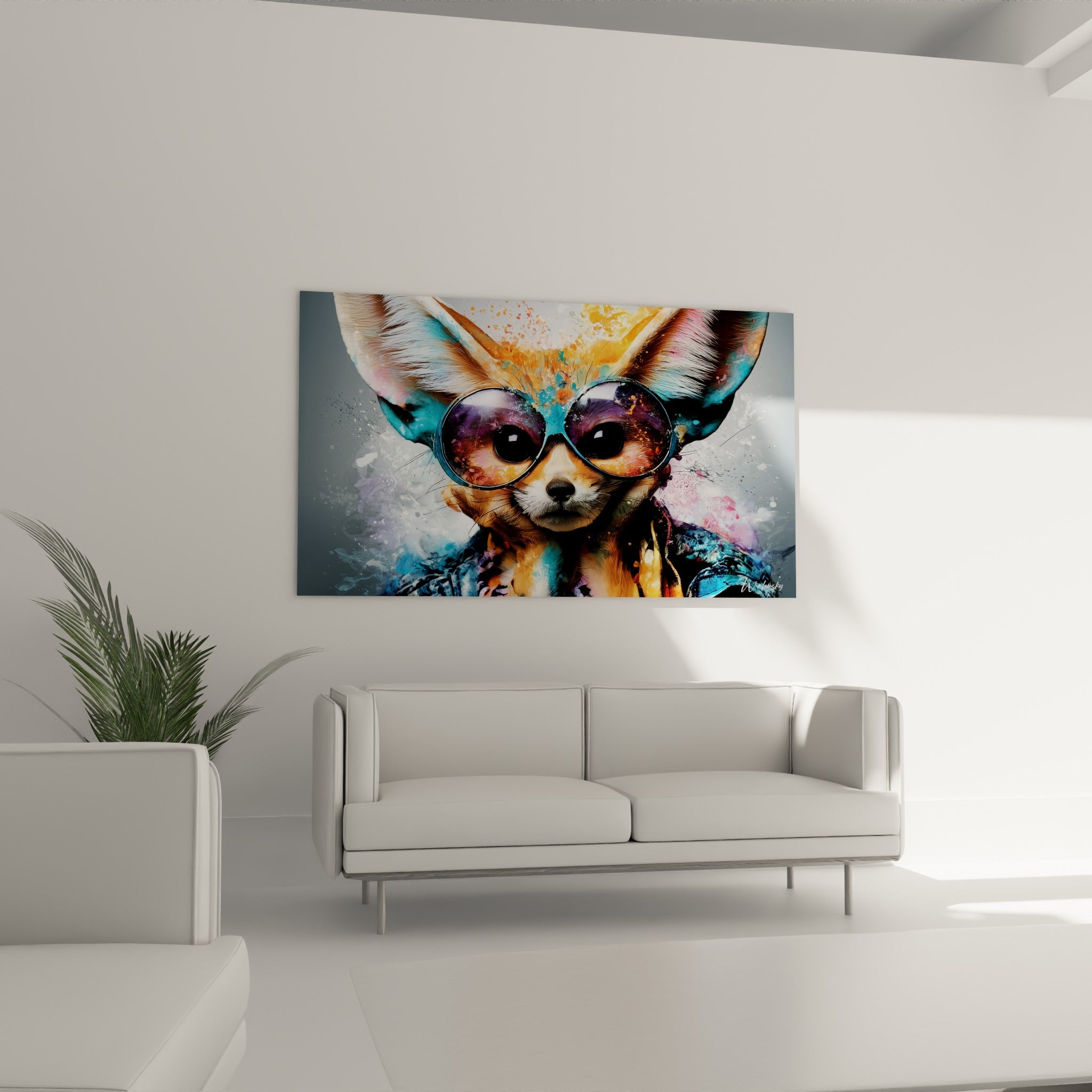 Fennec coloré aux oreilles déployées, tons ocre et turquoise, au-dessus d'un canapé dans un salon lumineux.