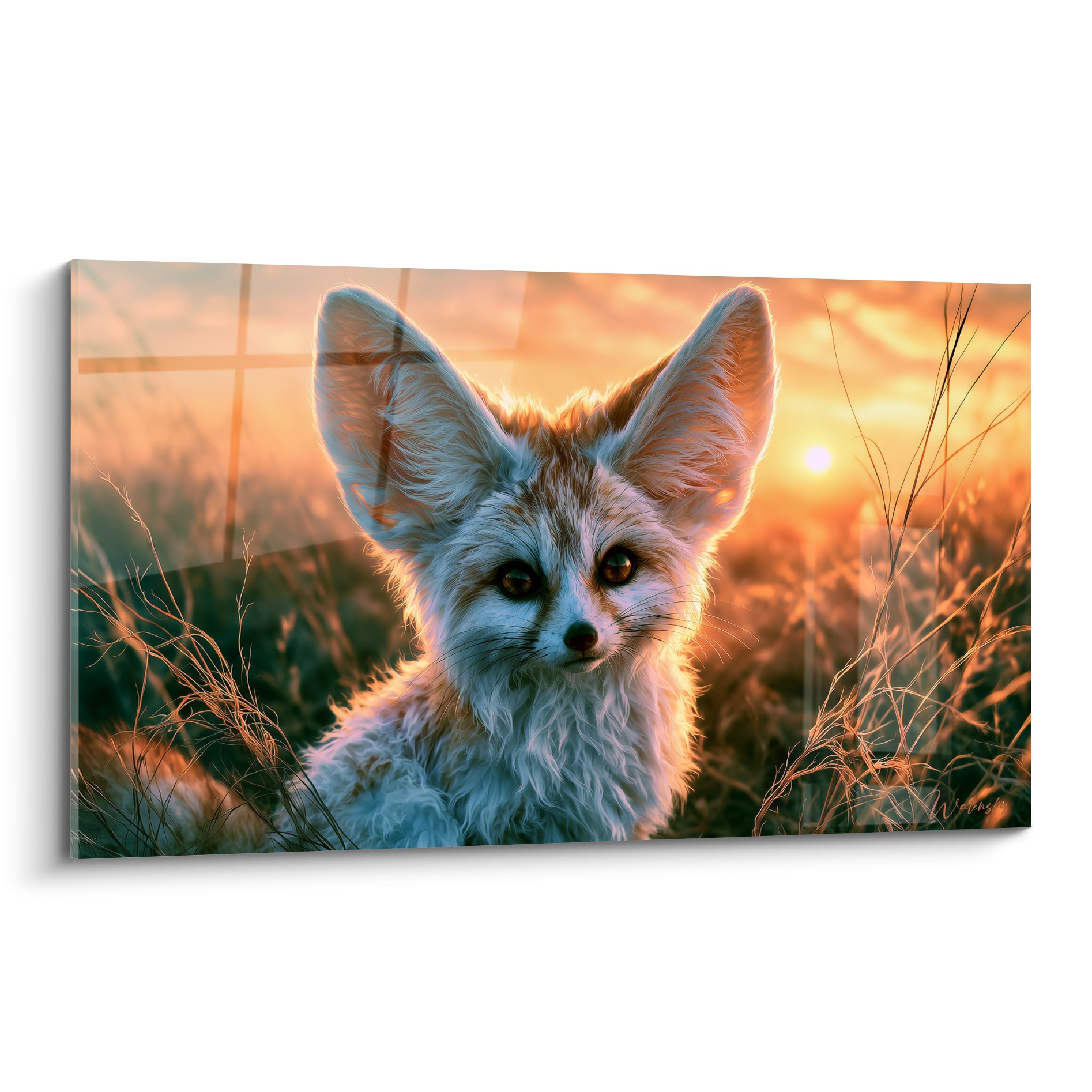 Fennec aux oreilles immenses et pelage crème, regard brun face au soleil orangé du désert