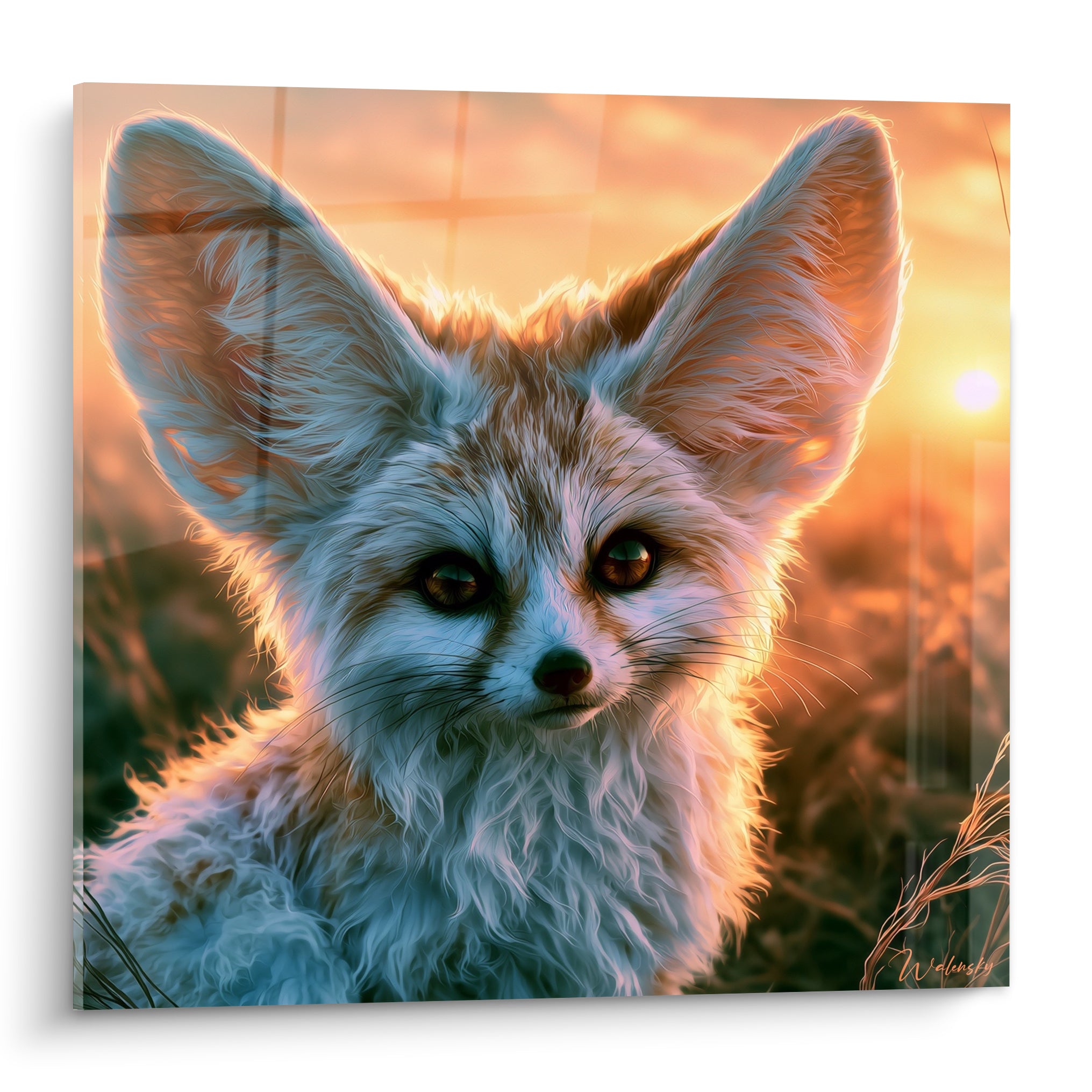 Fennec aux oreilles dorées et bleu pastel, regard perçant sous une lumière de coucher de soleil