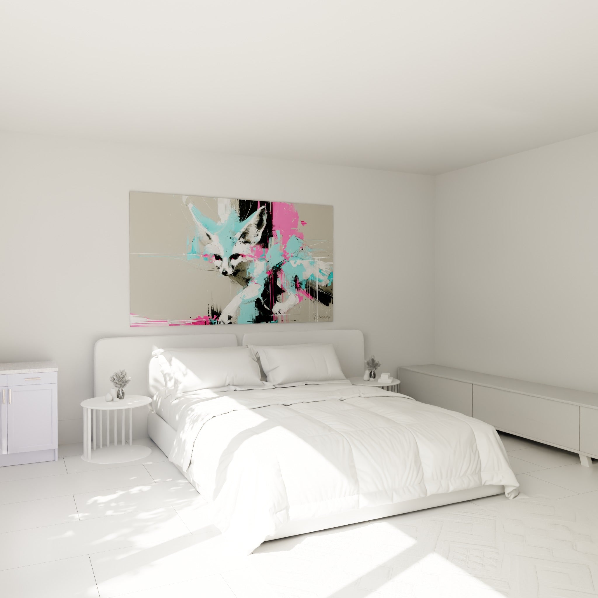 Silhouette de fennec turquoise et rose accrochée au-dessus d'un lit dans une chambre claire