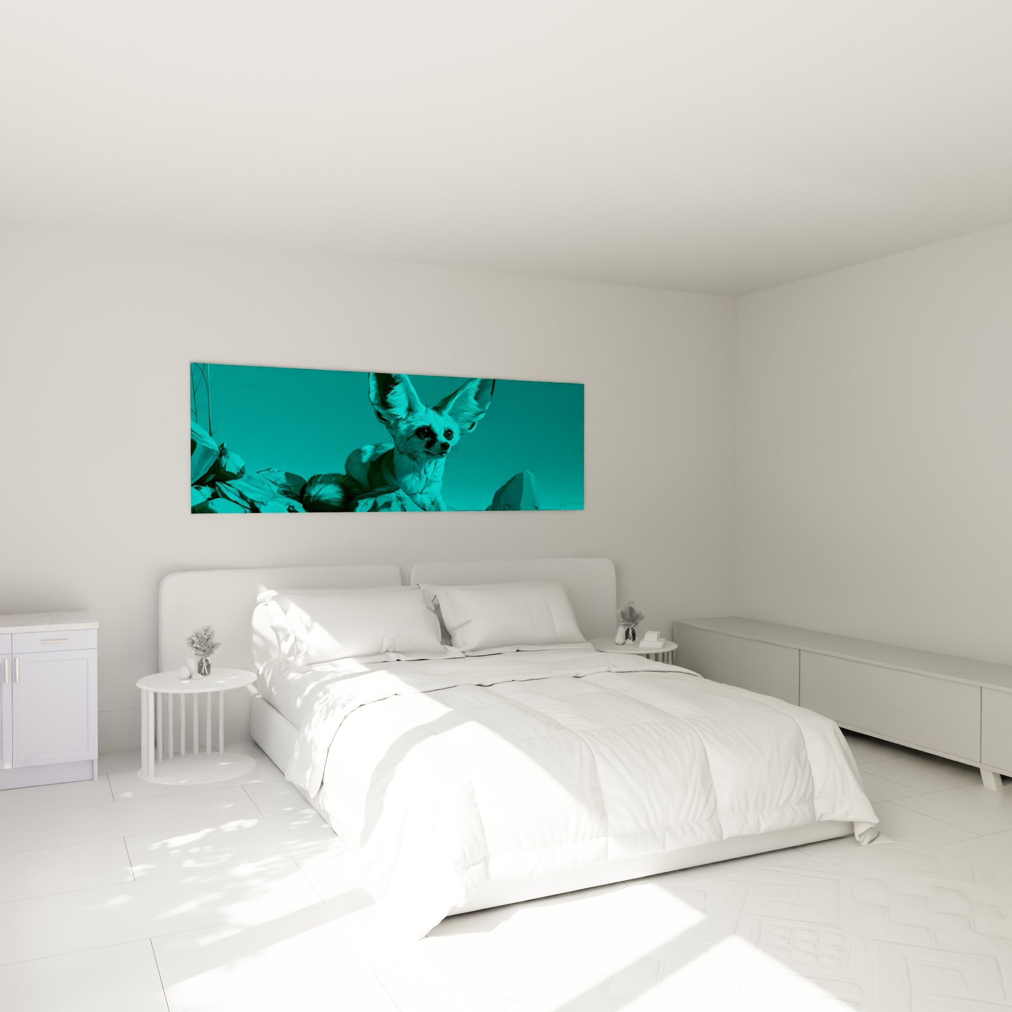 Oreilles dressées du fennec turquoise et blanc, tableau au-dessus d'un lit dans une chambre claire