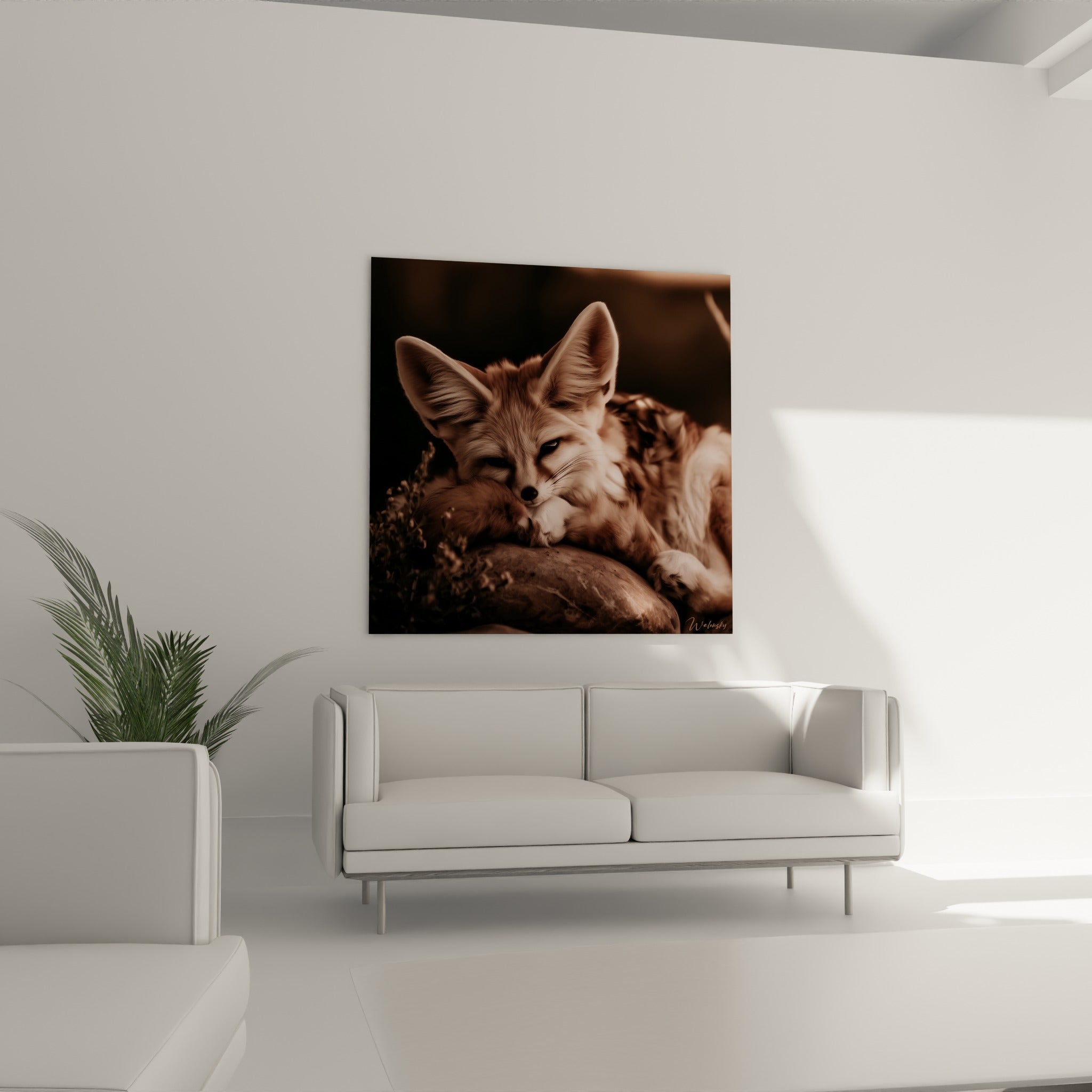 Regard mi-clos du Fennec brun et beige sur son rocher, au-dessus d'un canapé dans un salon lumineux