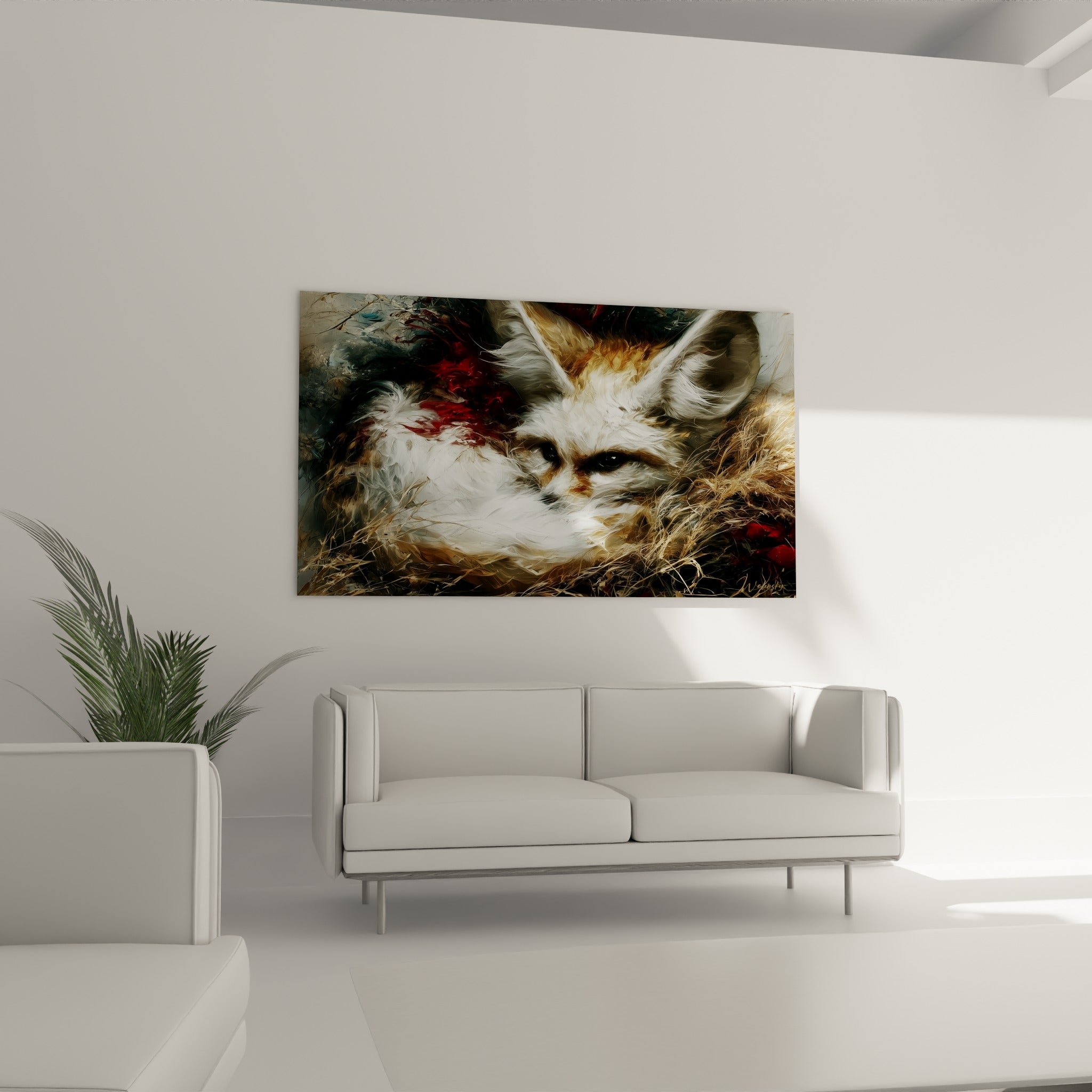 Oreilles dressées du fennec fauve entouré de paille dorée et de rouge sombre, au-dessus d'un canapé dans un salon lumineux