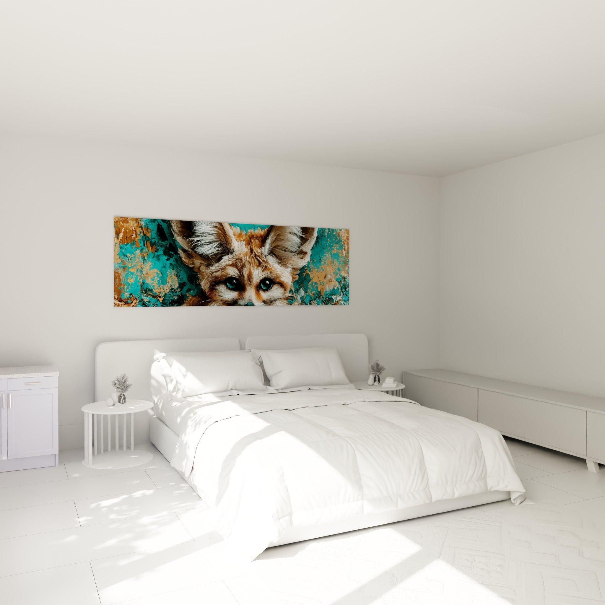 Grandes oreilles fauves et blanches du fennec turquoise, accrochées au-dessus d'un lit dans une chambre claire