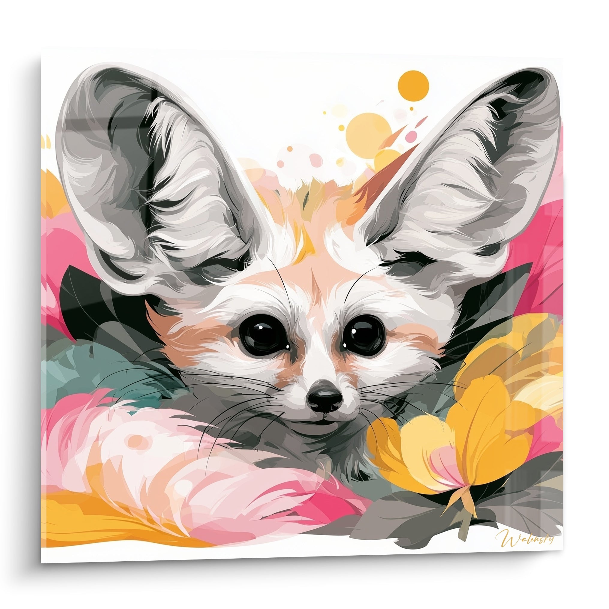 Fennec aux oreilles grises dressées, regard noir intense, entouré de pétales roses et dorés