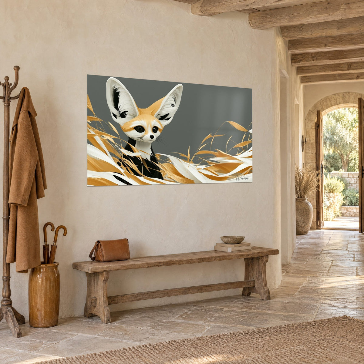 Quadro fennec dal muso bianco e occhi neri, ciocche ocra ondulate su fondo grigio, muro di pietra bianca, corridoio a volta