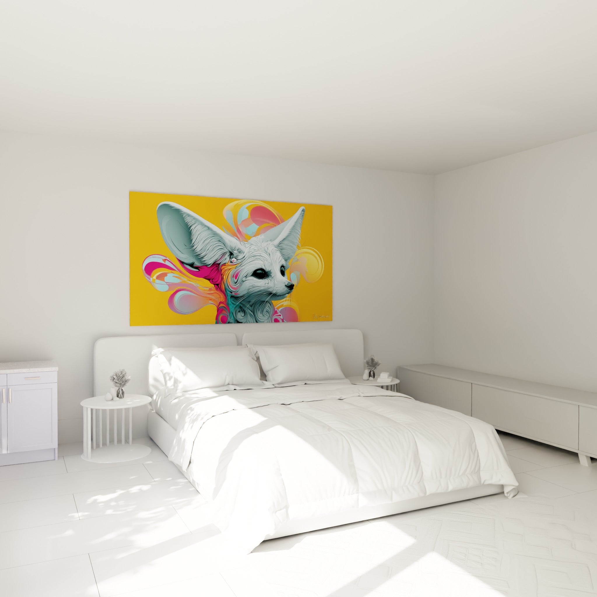 Grandes oreilles blanches et regard noir du fennec turquoise, au-dessus d'un lit dans une chambre claire