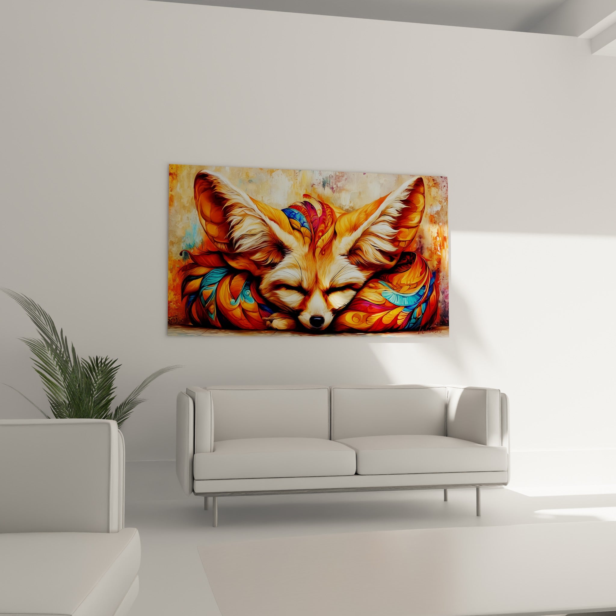 Oreilles orange et fauve du fennec drapées de motifs turquoise, au-dessus d'un canapé dans un salon lumineux