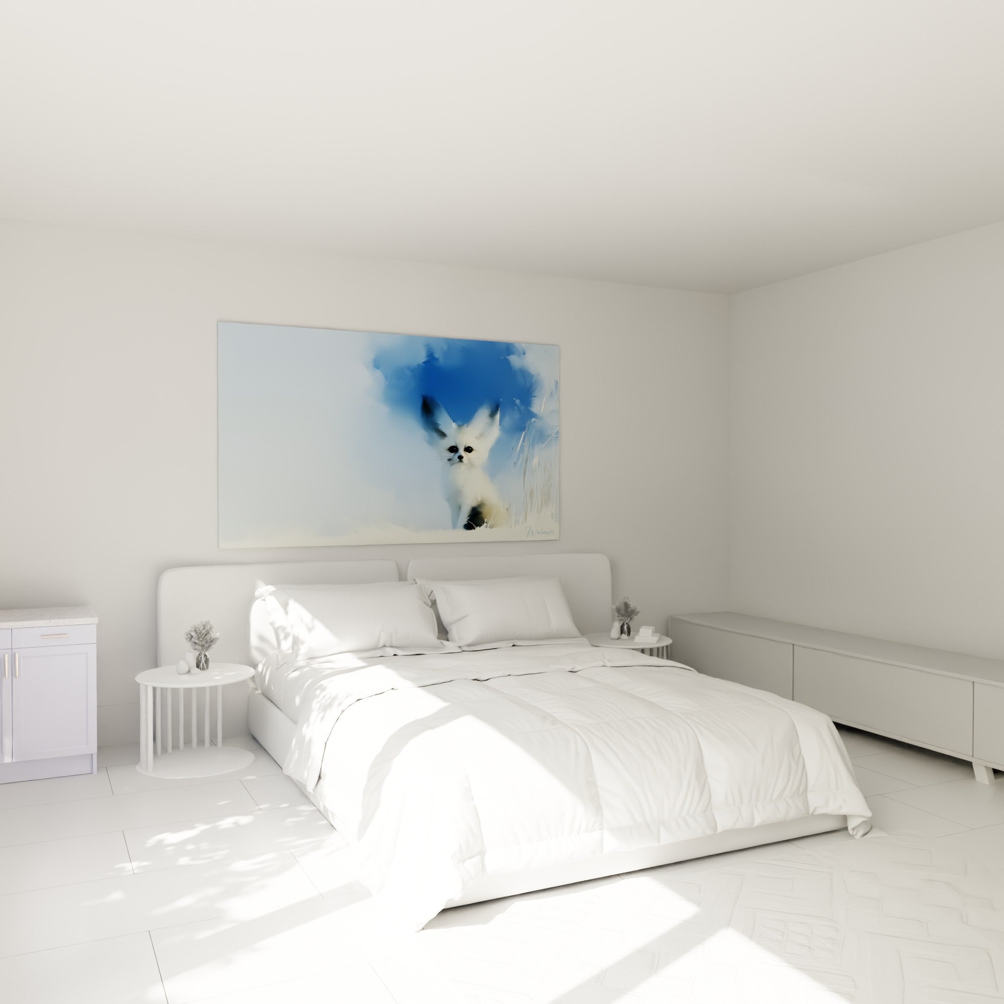 Silhouette de fennec blanc et bleu ciel accrochée au-dessus d'un lit dans une chambre claire