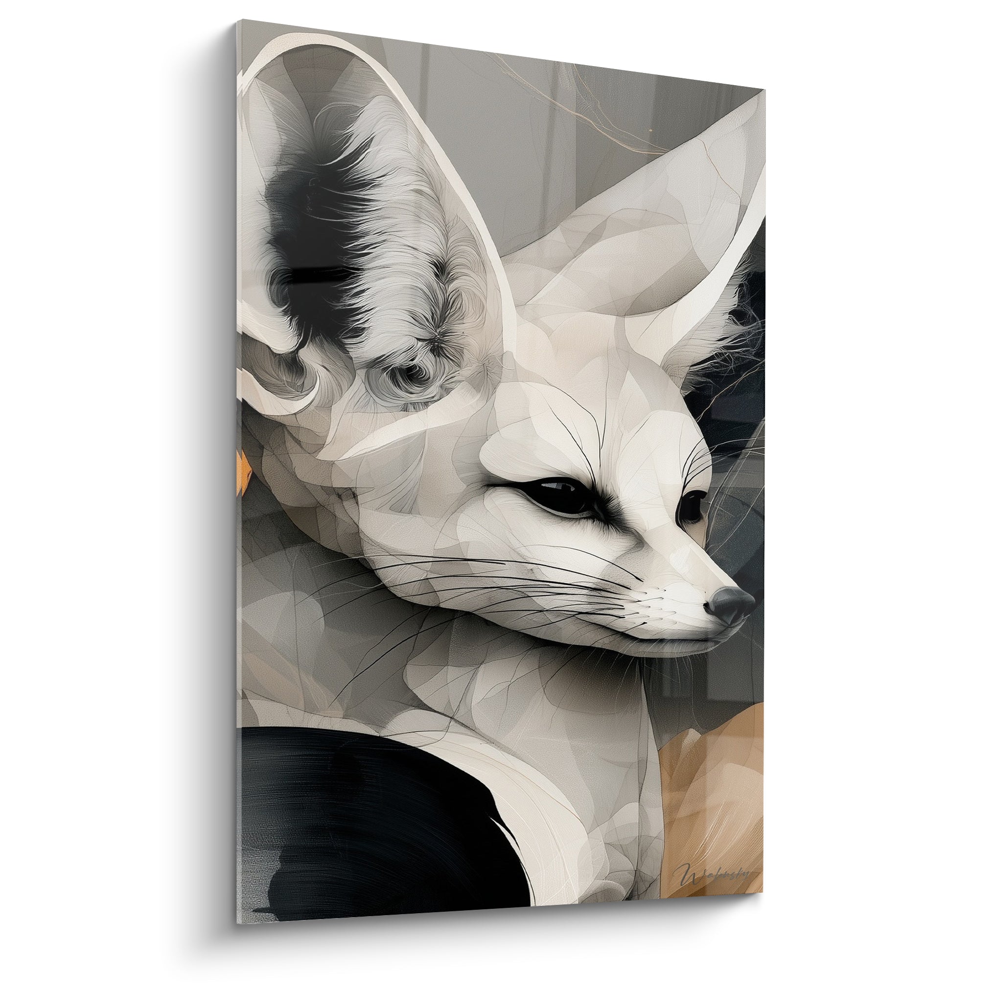 Fennec ivoire aux oreilles anthracite dressées, museau fin et regard sombre intense, style graphique fragmenté