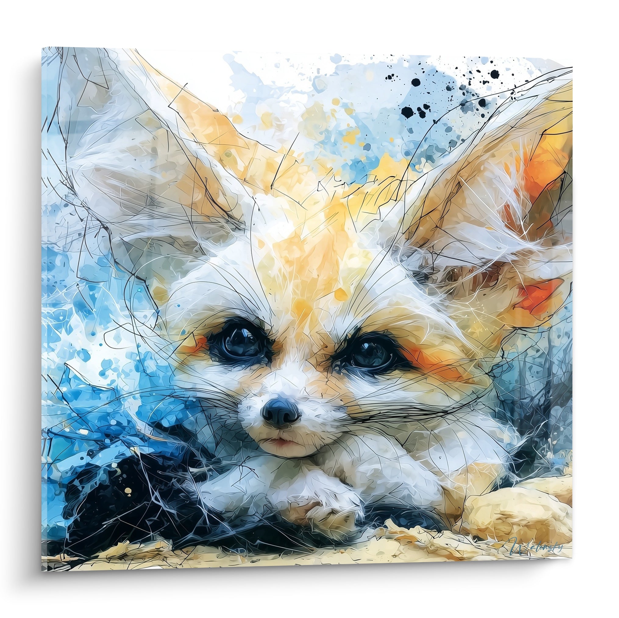 Fennec au museau blanc et oreilles ocre, yeux sombres perçants, style aquarelle bleu et orangé