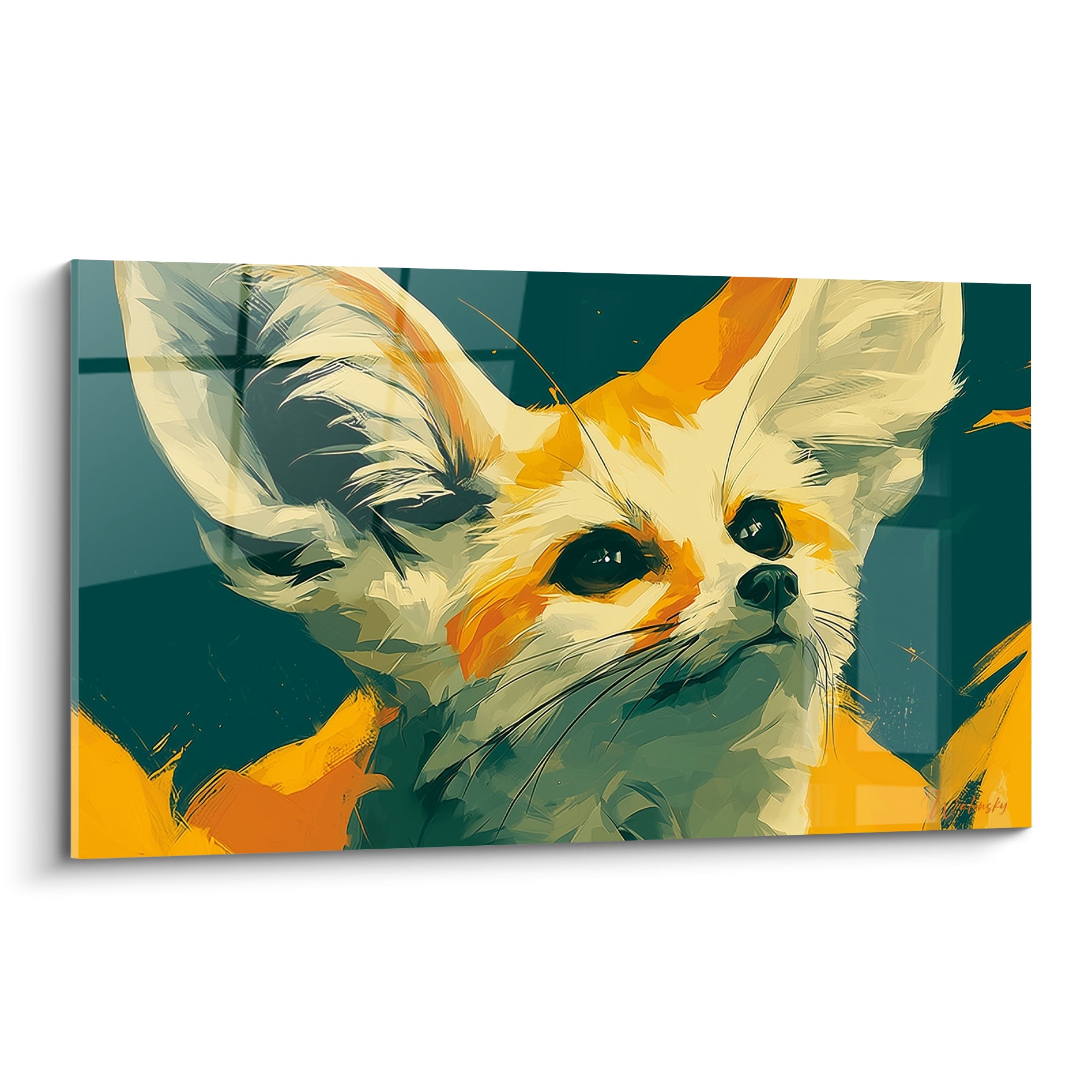 Fennec au regard noir intense, oreilles crème et orange dressées sur fond bleu sarcelle profond