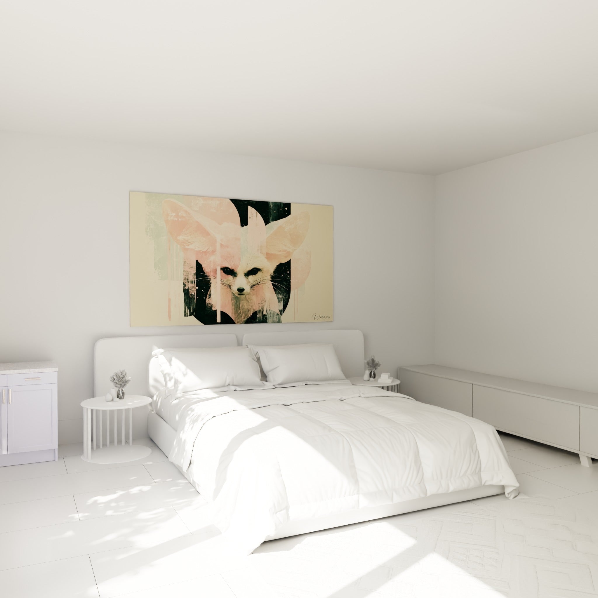 Portrait graphique de Fennec rose poudré et noir, accroché au-dessus d'un lit dans une chambre claire