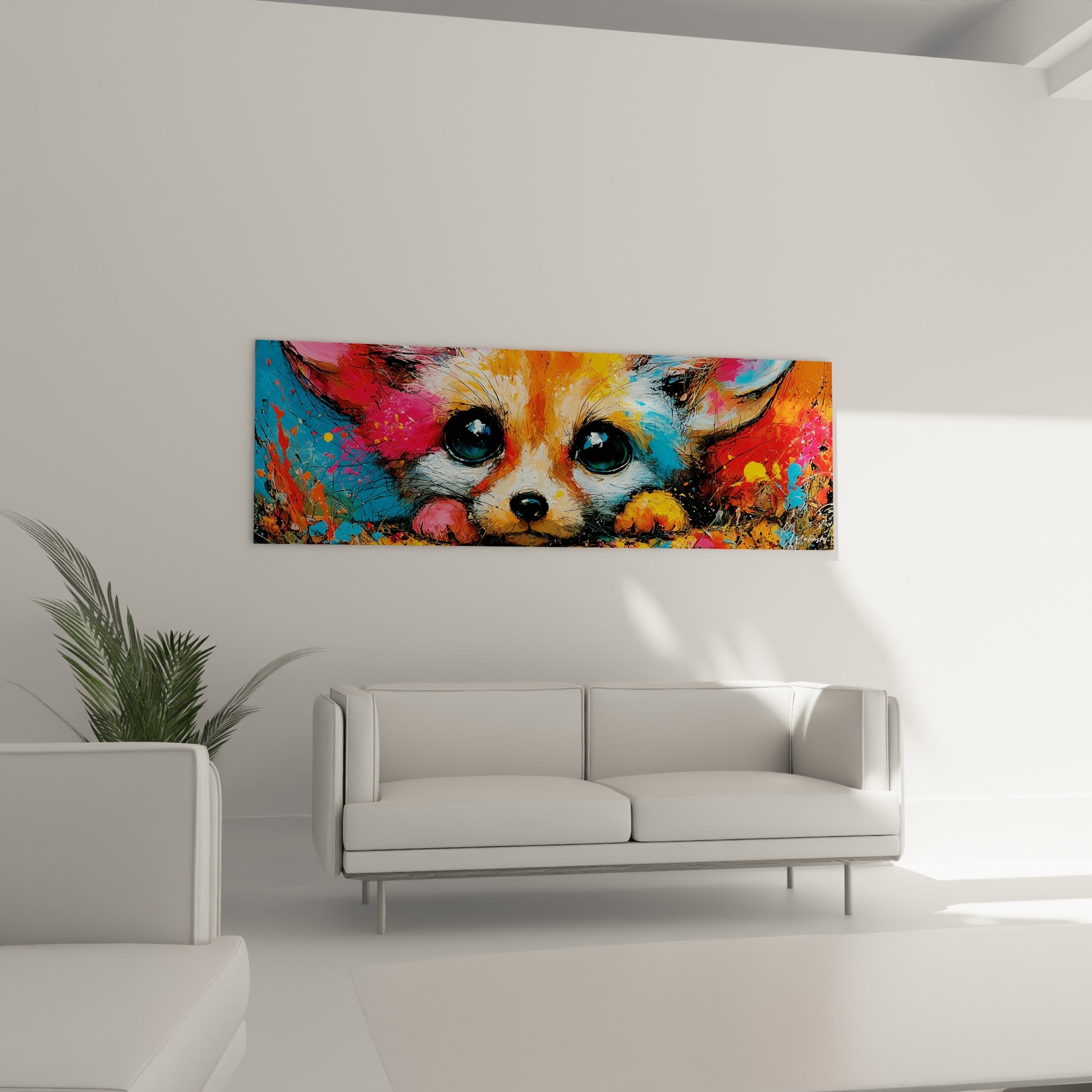 Portrait de fennec aux oreilles roses et fond turquoise, suspendu au-dessus d'un canapé dans un salon lumineux