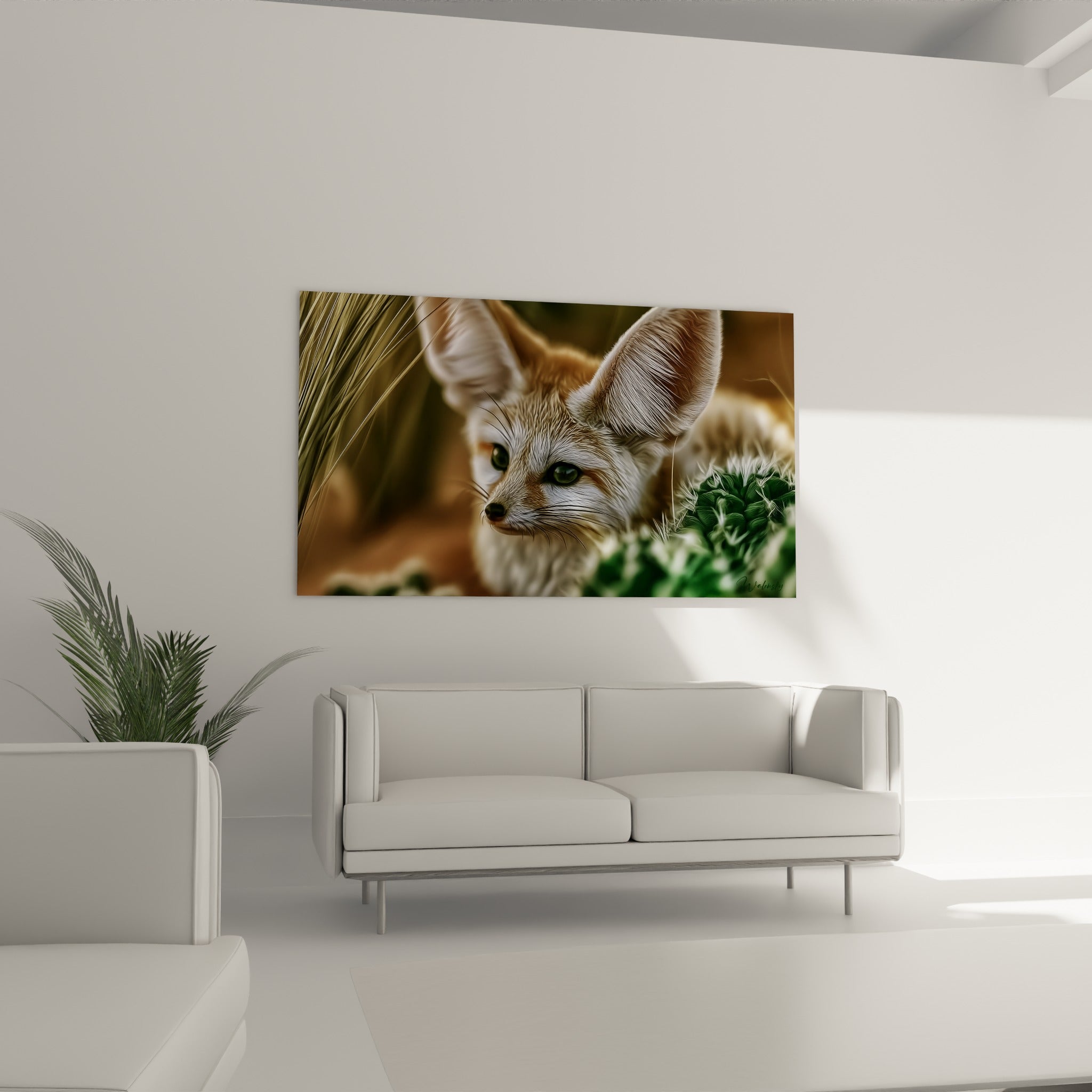Regard vert du fennec beige et doré placé au-dessus d'un canapé dans un salon lumineux